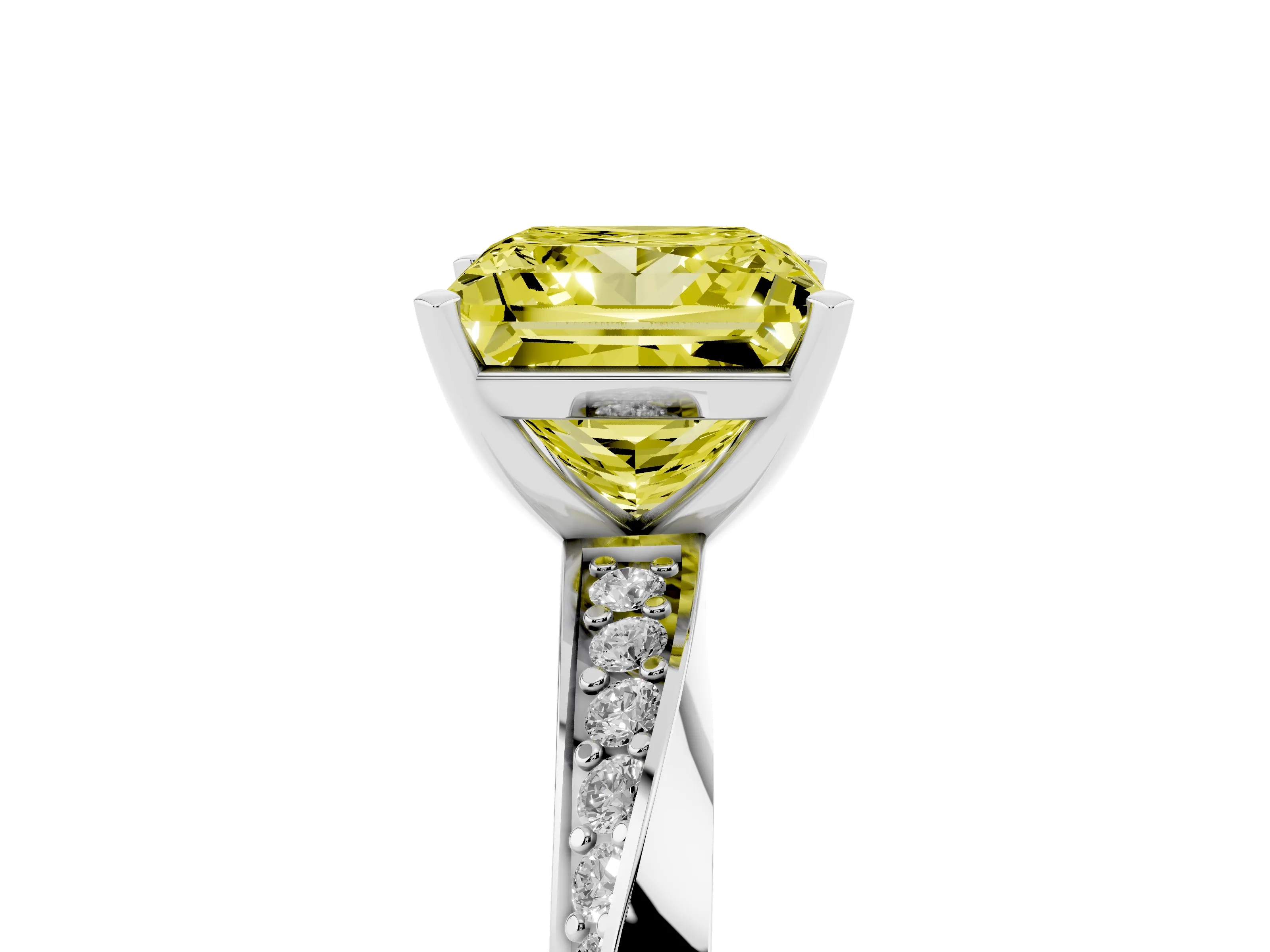 Fancy Yellow Princess Cut Diamond Engagement Ring Set in Silver with Side Stone Accents and Prong Setting