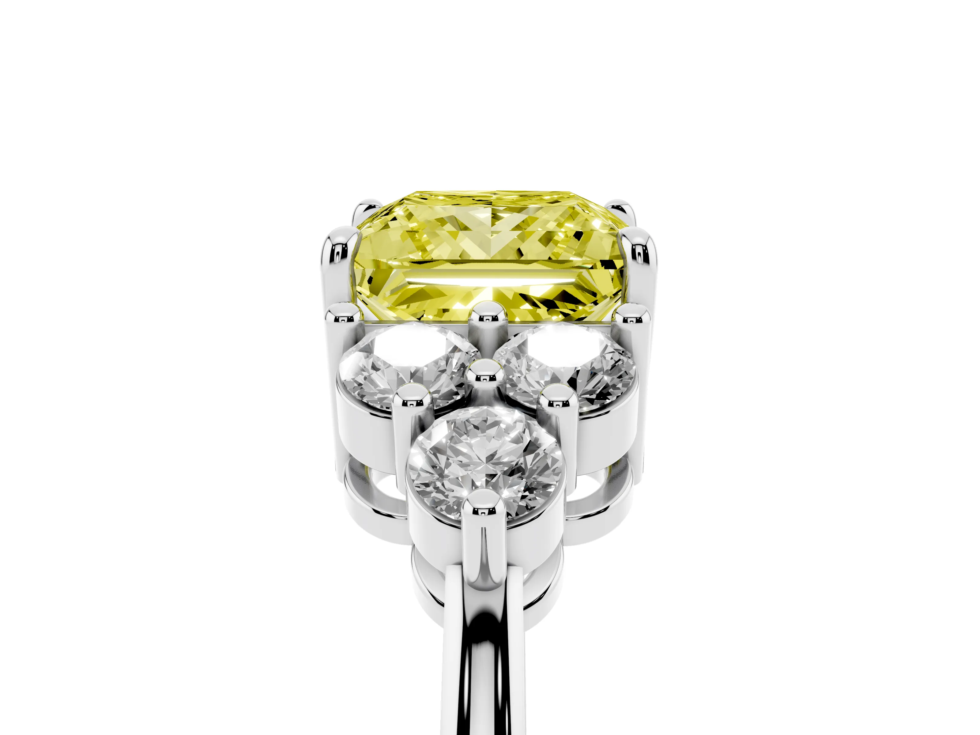 Fancy Yellow Princess Cut Diamond Solitaire Ring Set in Silver with Cluster Accents on Each Side