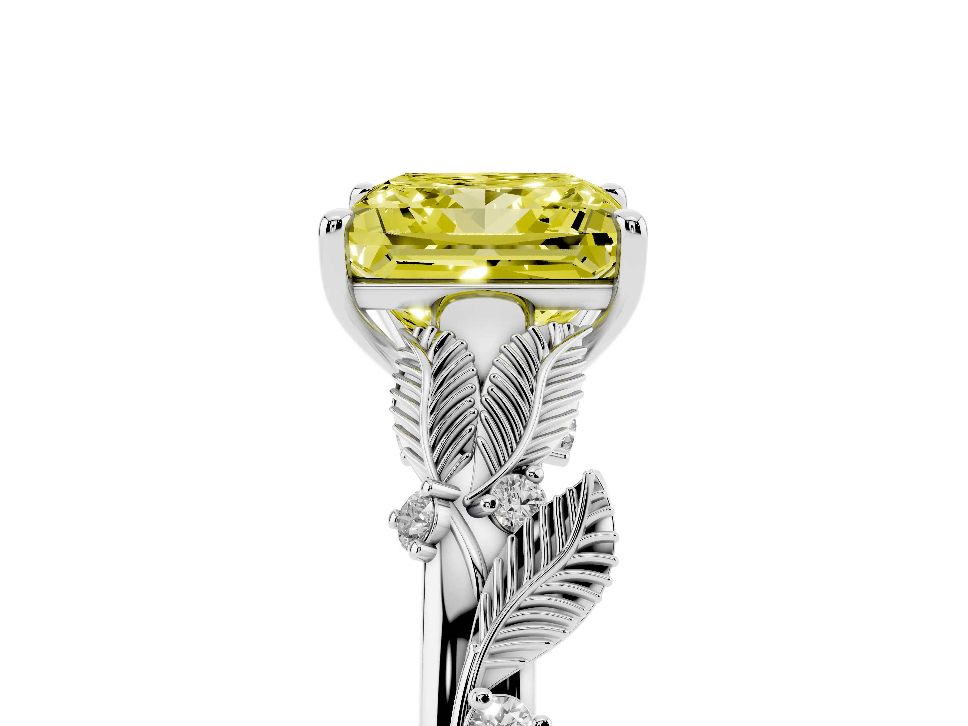 Fancy Yellow Princess Cut Diamond Solitaire Ring Set in Silver with Leaf Motif Band