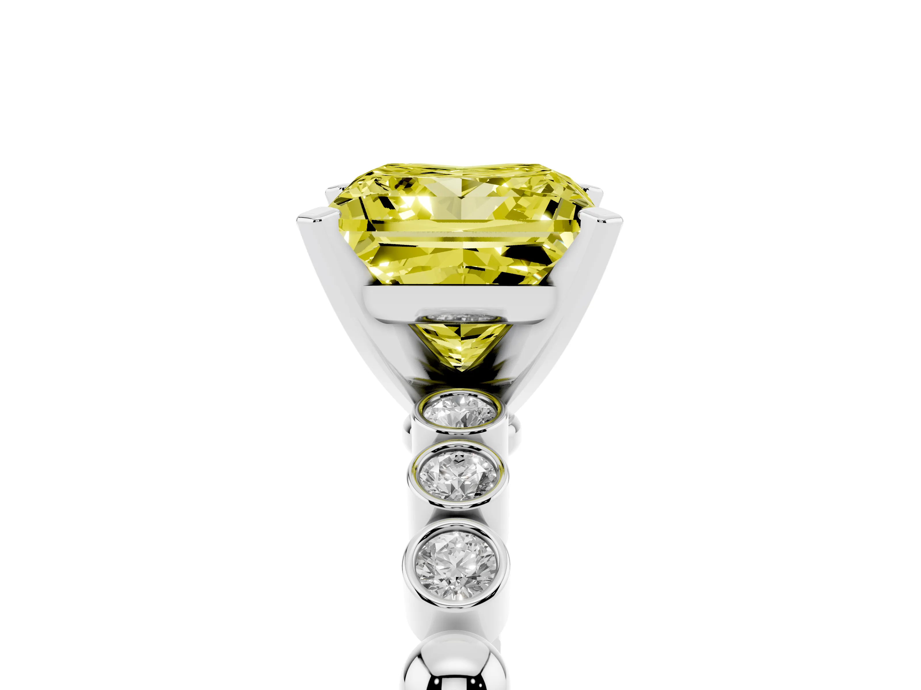 Fancy Yellow Princess Cut Diamond Solitaire Engagement Ring Set in Silver with Bezel Accents on Beaded Band
