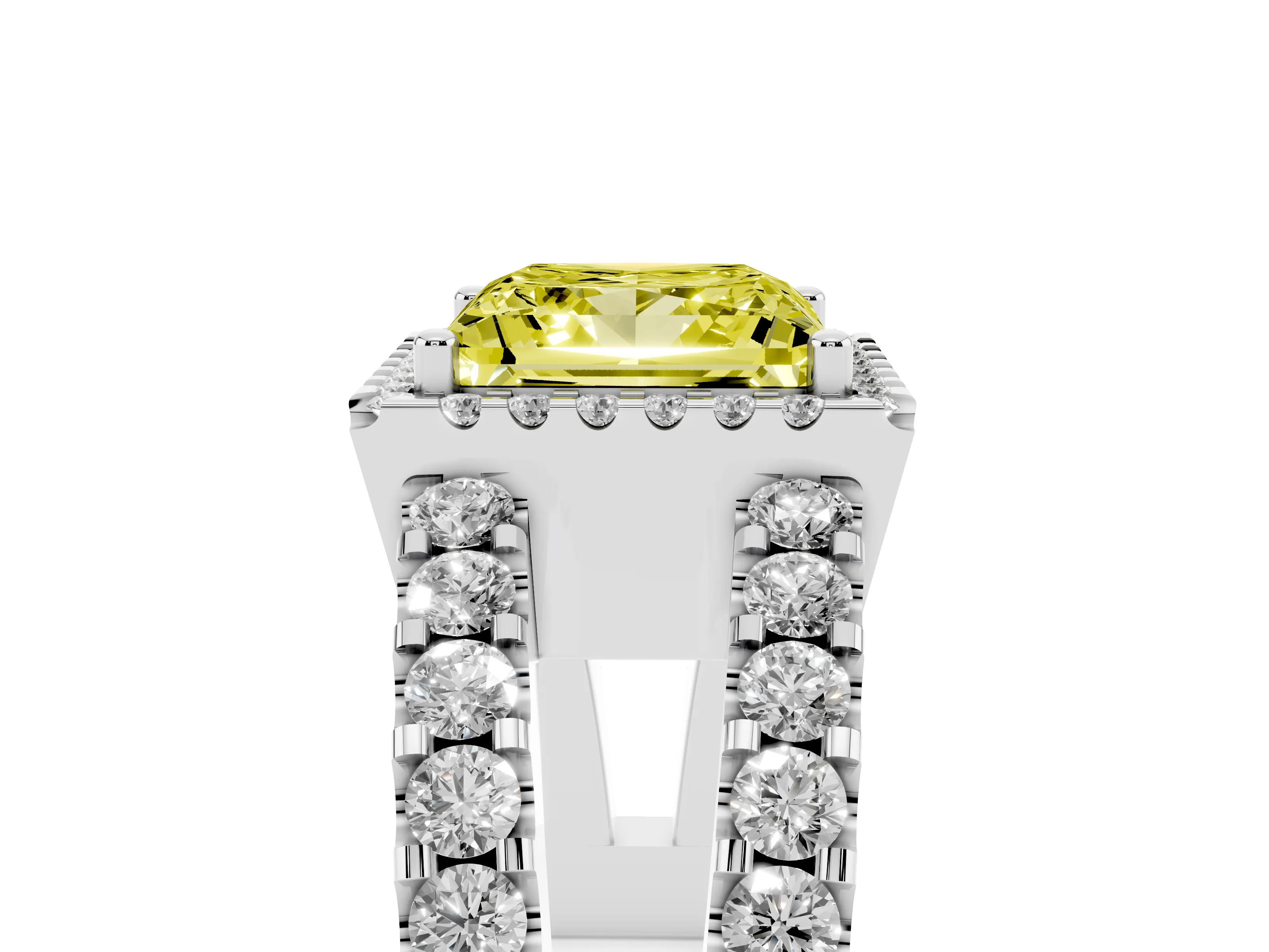 Fancy Yellow Princess Cut Diamond Halo Ring Set in Platinum with Pavé Split Shank and Prong Setting