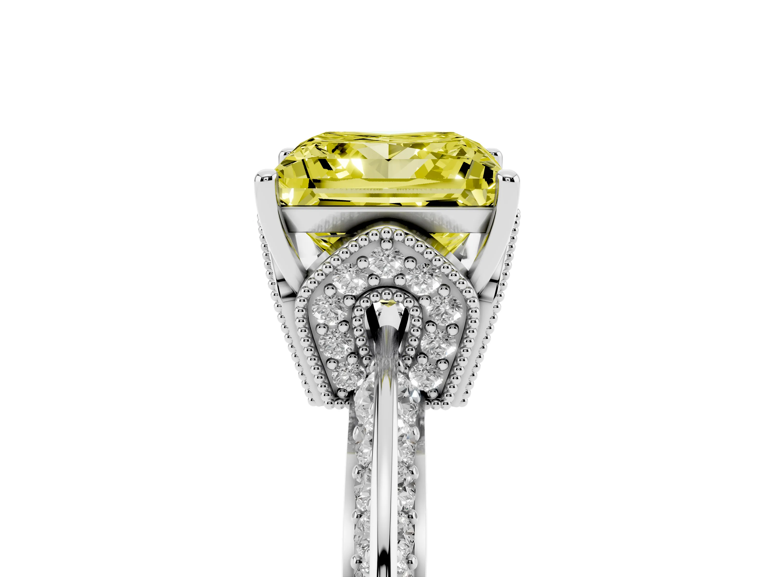 Fancy Yellow Princess Cut Diamond Solitaire Engagement Ring Set in White gold with Pavé Split Shank and Prong Setting