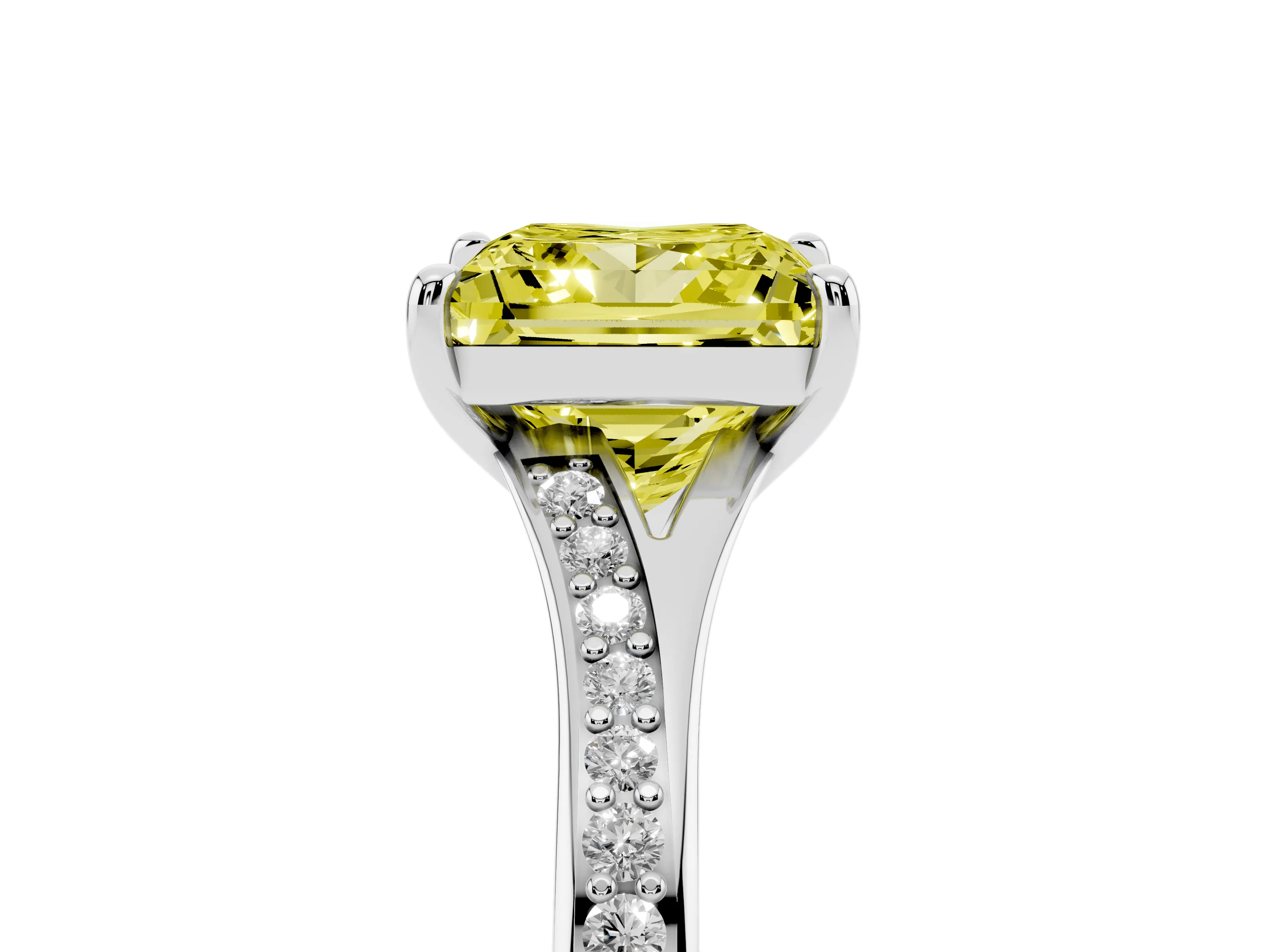 Fancy Yellow Princess Cut Diamond Solitaire Ring Set in Silver with Pavé Accent Band and Classic Prong Setting