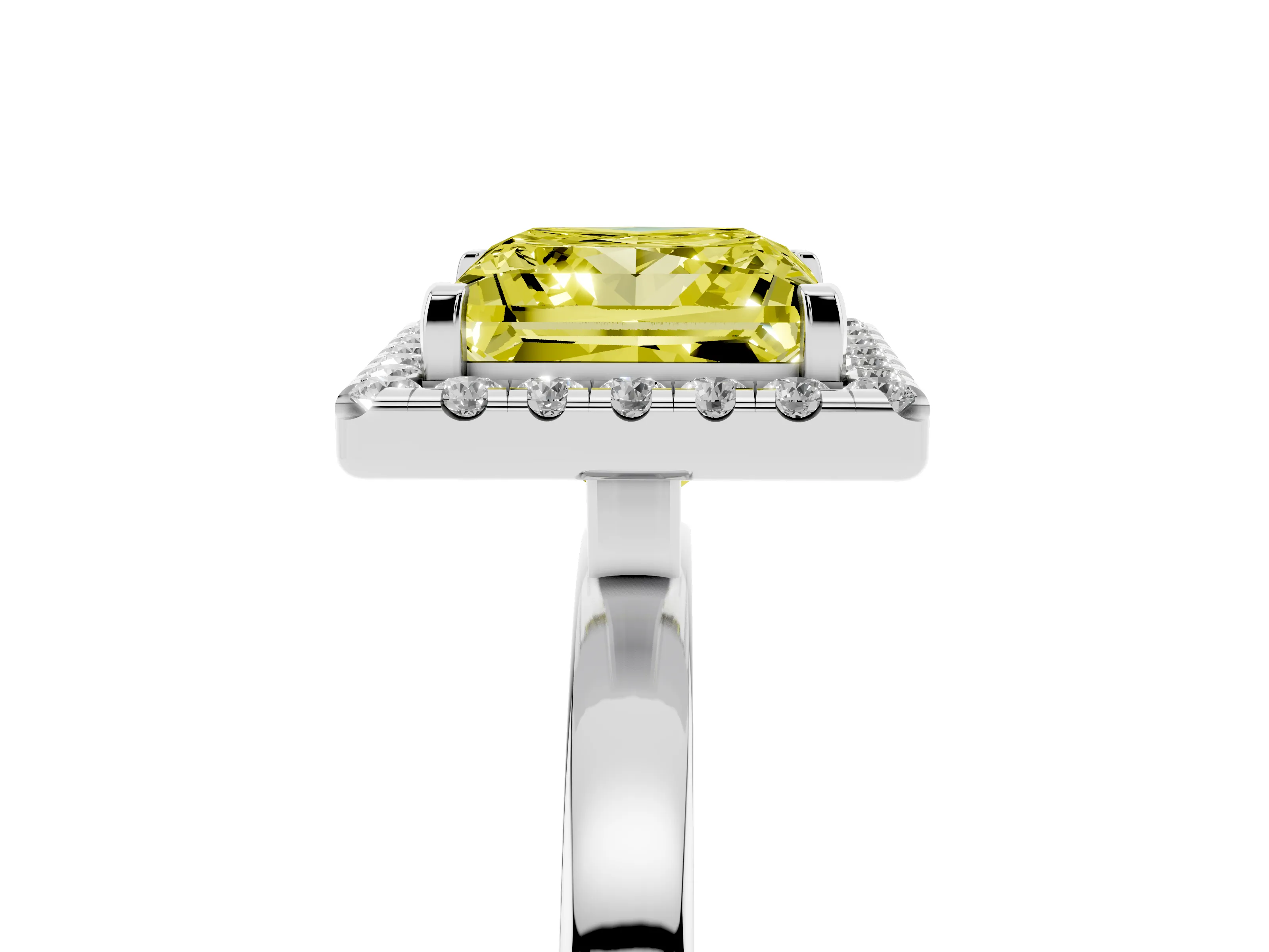 Fancy Yellow Princess Cut Diamond Halo Solitaire Ring Set in White gold with Pavé Band and Prong Setting