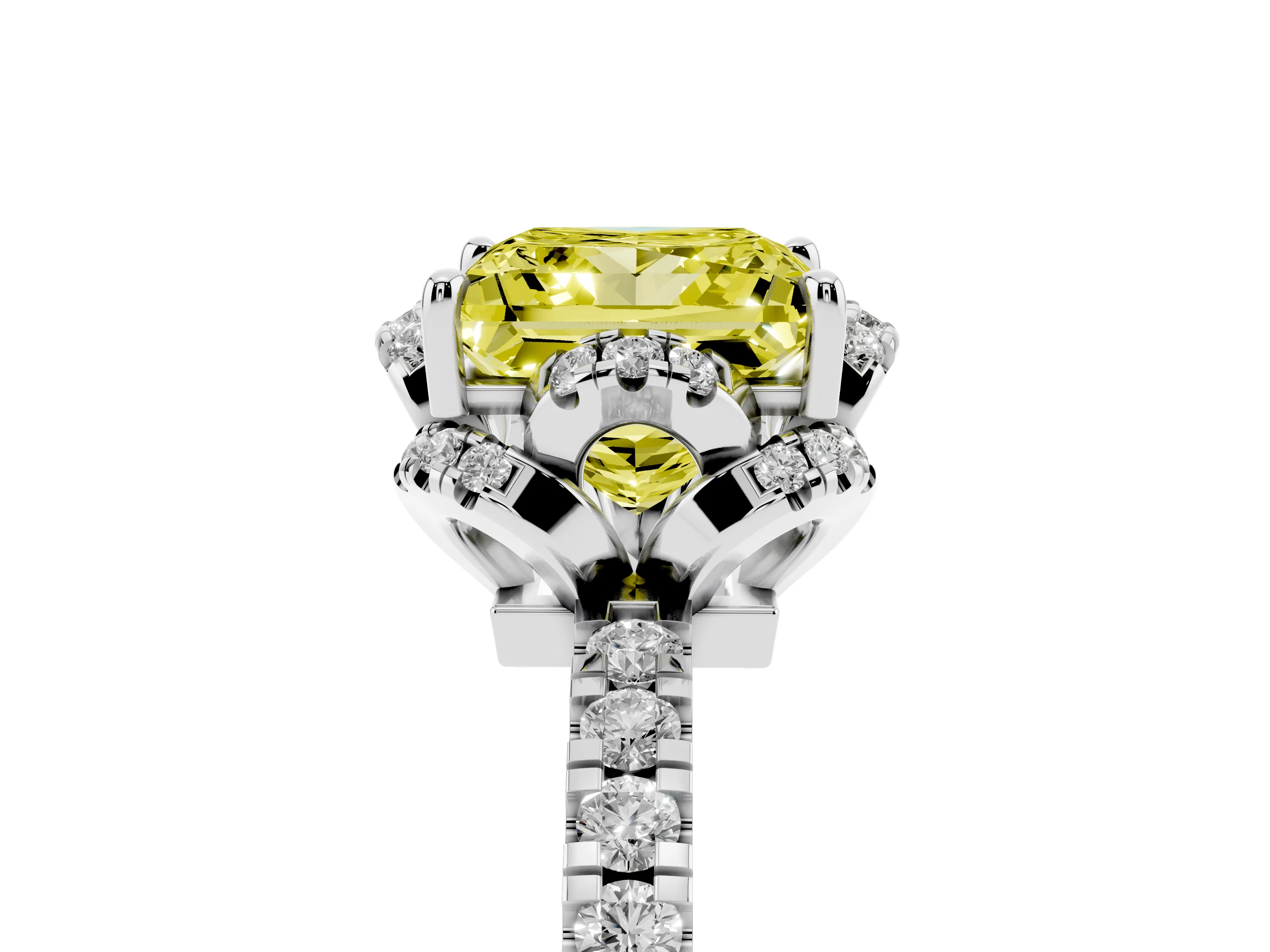 Fancy Yellow Princess Cut Diamond Halo Pavé Band Ring Set in White gold with Prong-Held Center