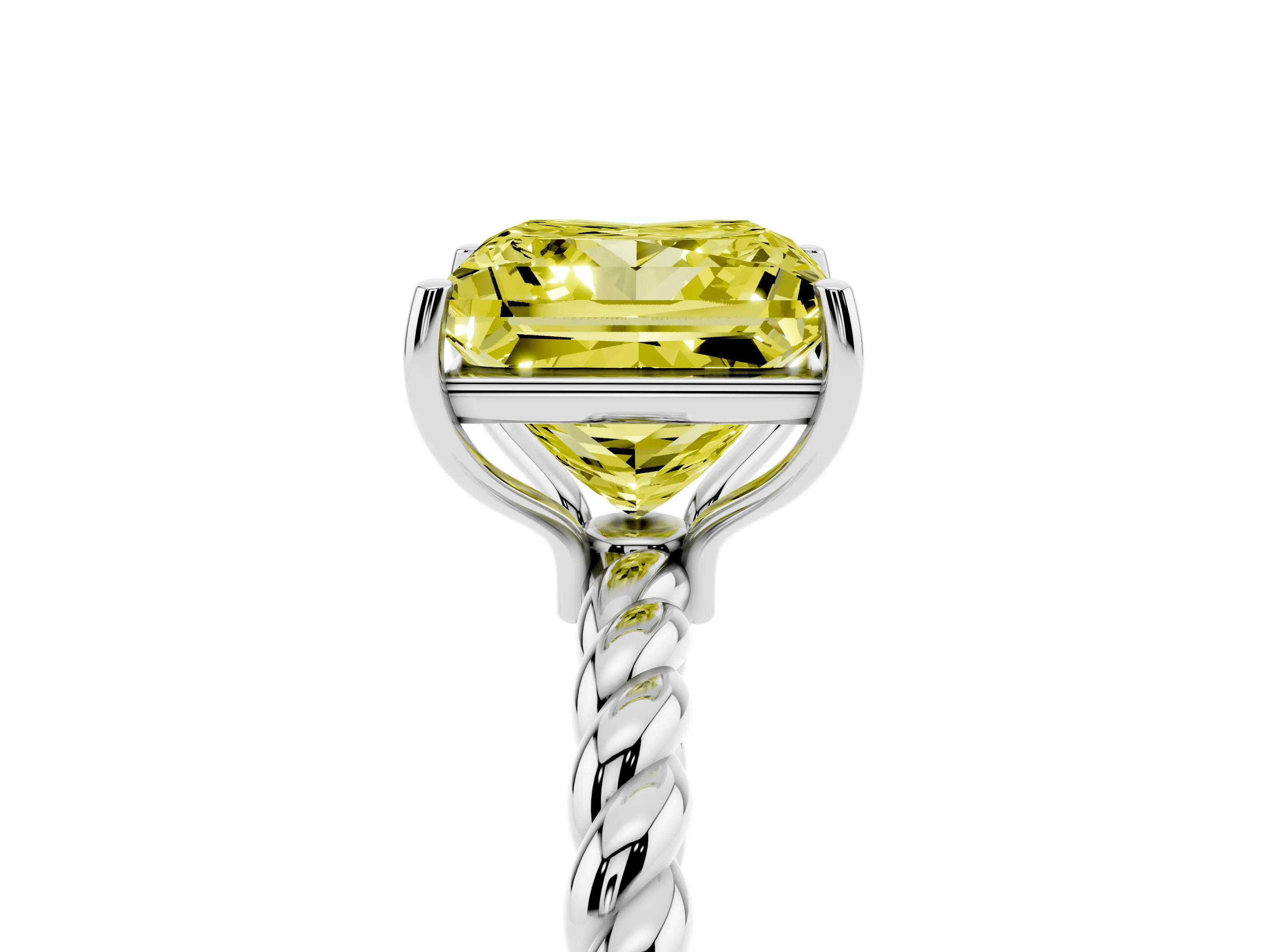 Fancy Yellow Princess Cut Diamond Solitaire Ring Set in White gold with Twist Band and Prong Setting