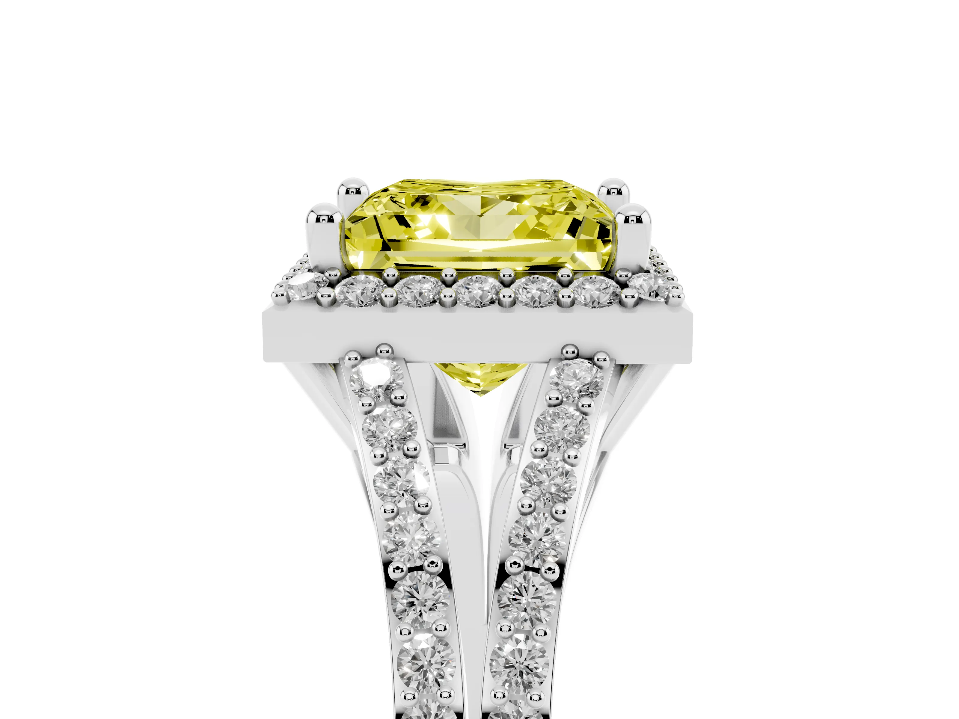 Fancy Yellow Princess Cut Diamond Halo Split Shank Pavé Ring Set in Silver with Prong Setting