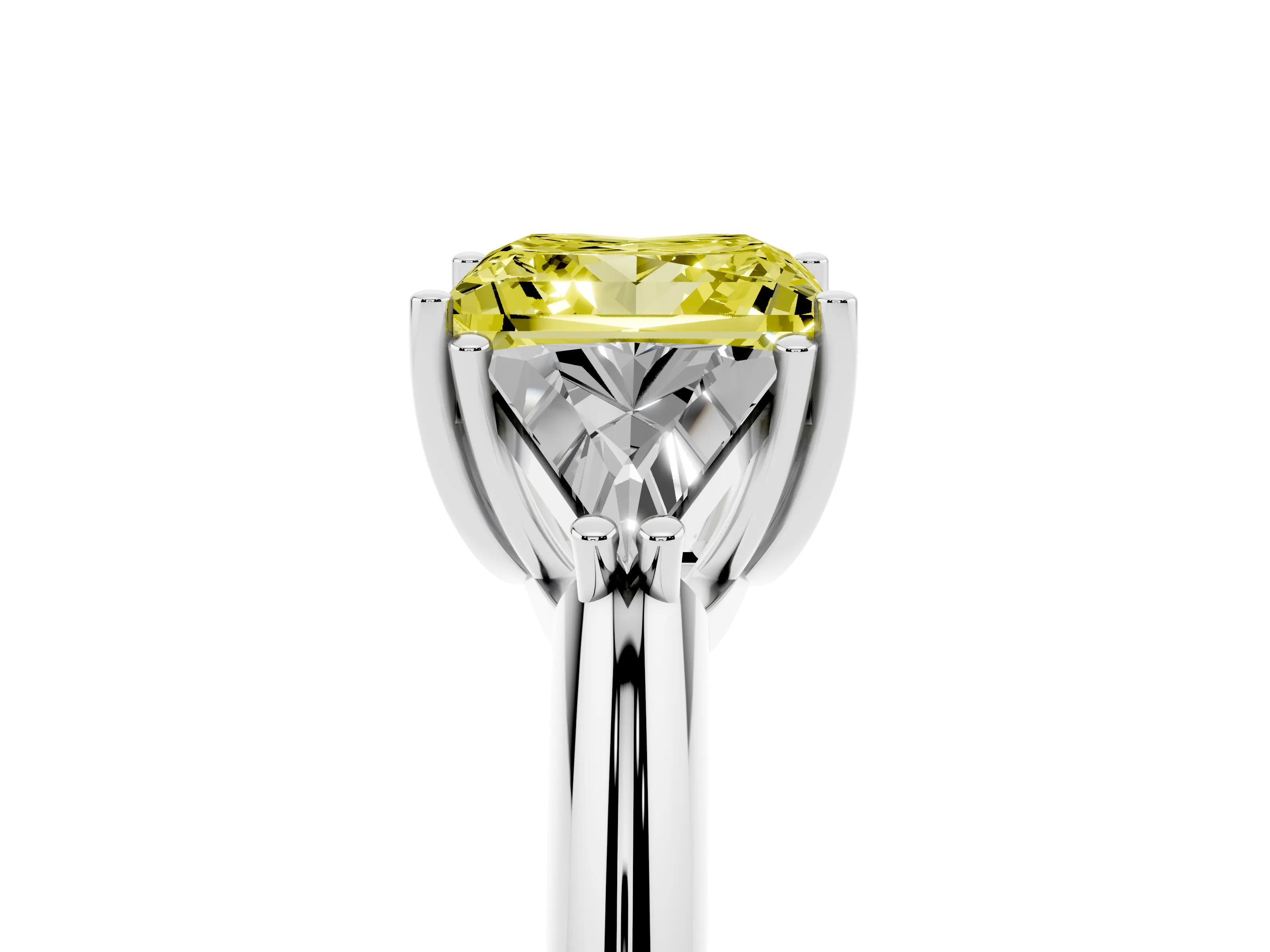 Fancy Yellow Princess Cut Diamond Three-Stone Engagement Ring Set in Platinum with Trillion Side Stones