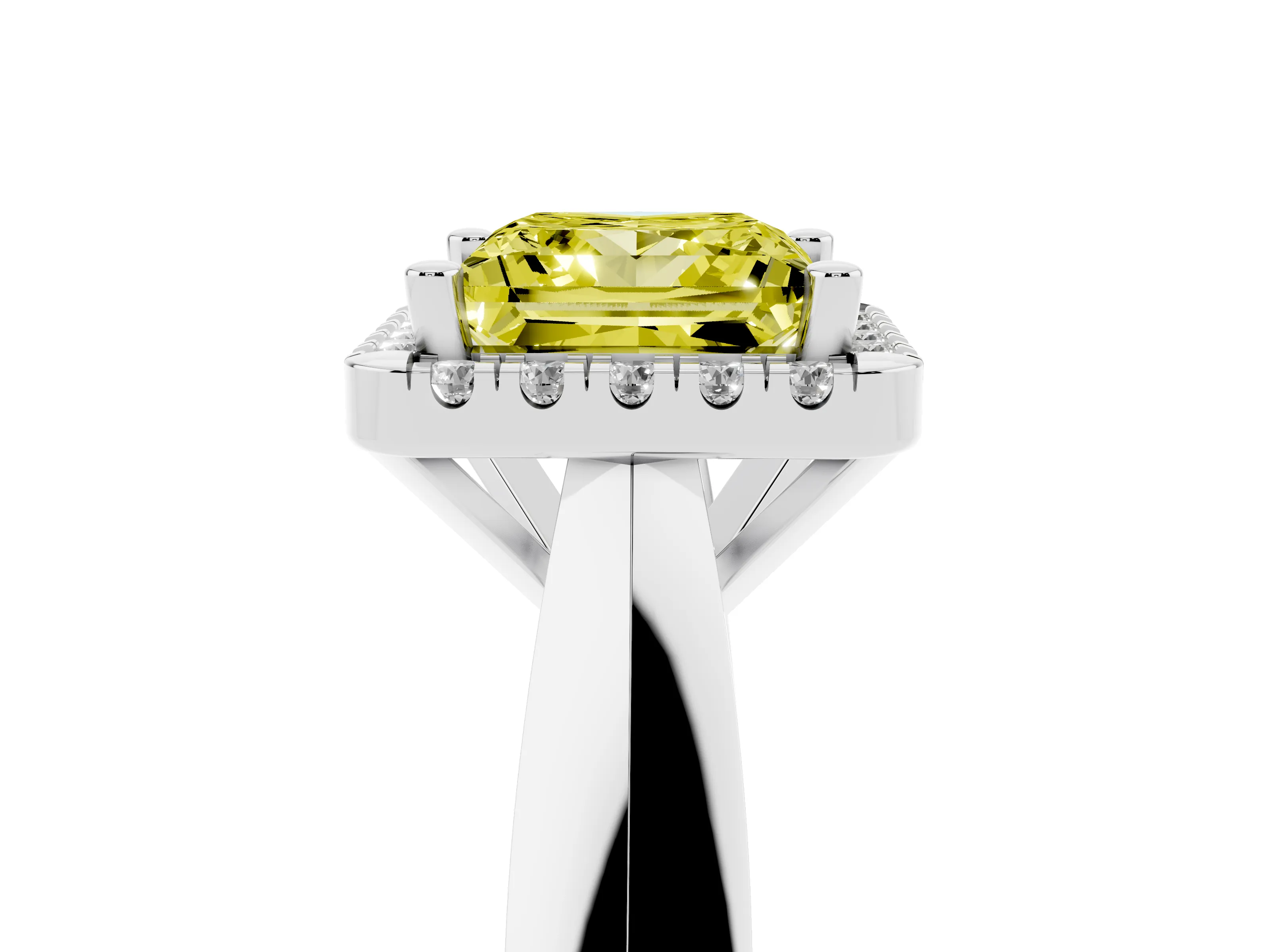 Fancy Yellow Princess Cut Diamond Halo Solitaire Engagement Ring Set in White gold with Square Band and Prong Setting