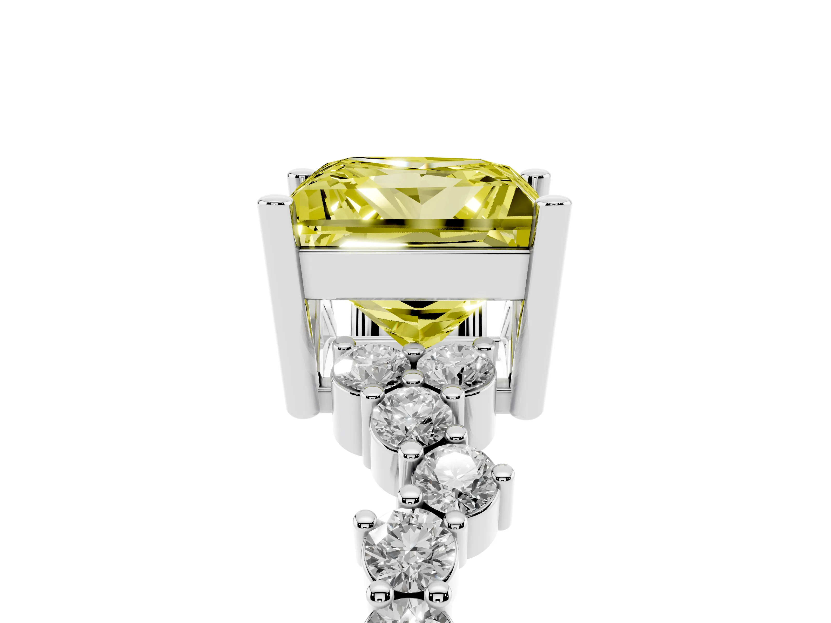 Fancy Yellow Princess Cut Diamond Ring Set in White gold with Scattered Round Accents