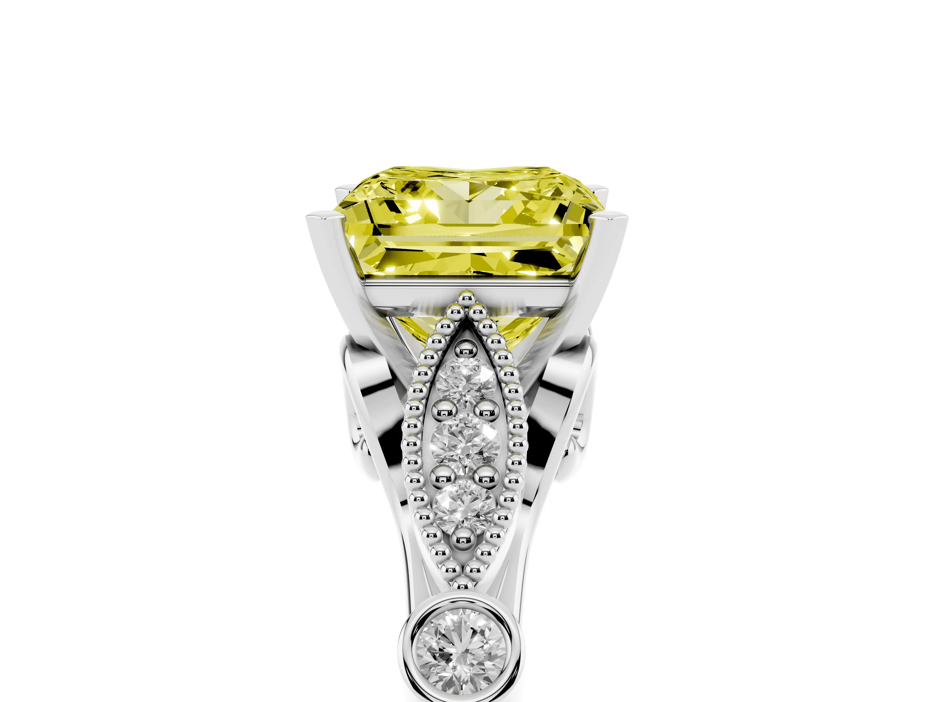 Fancy Yellow Princess Cut Diamond Solitaire Ring Set in Silver with Milgrain Marquise and Bezel Accents