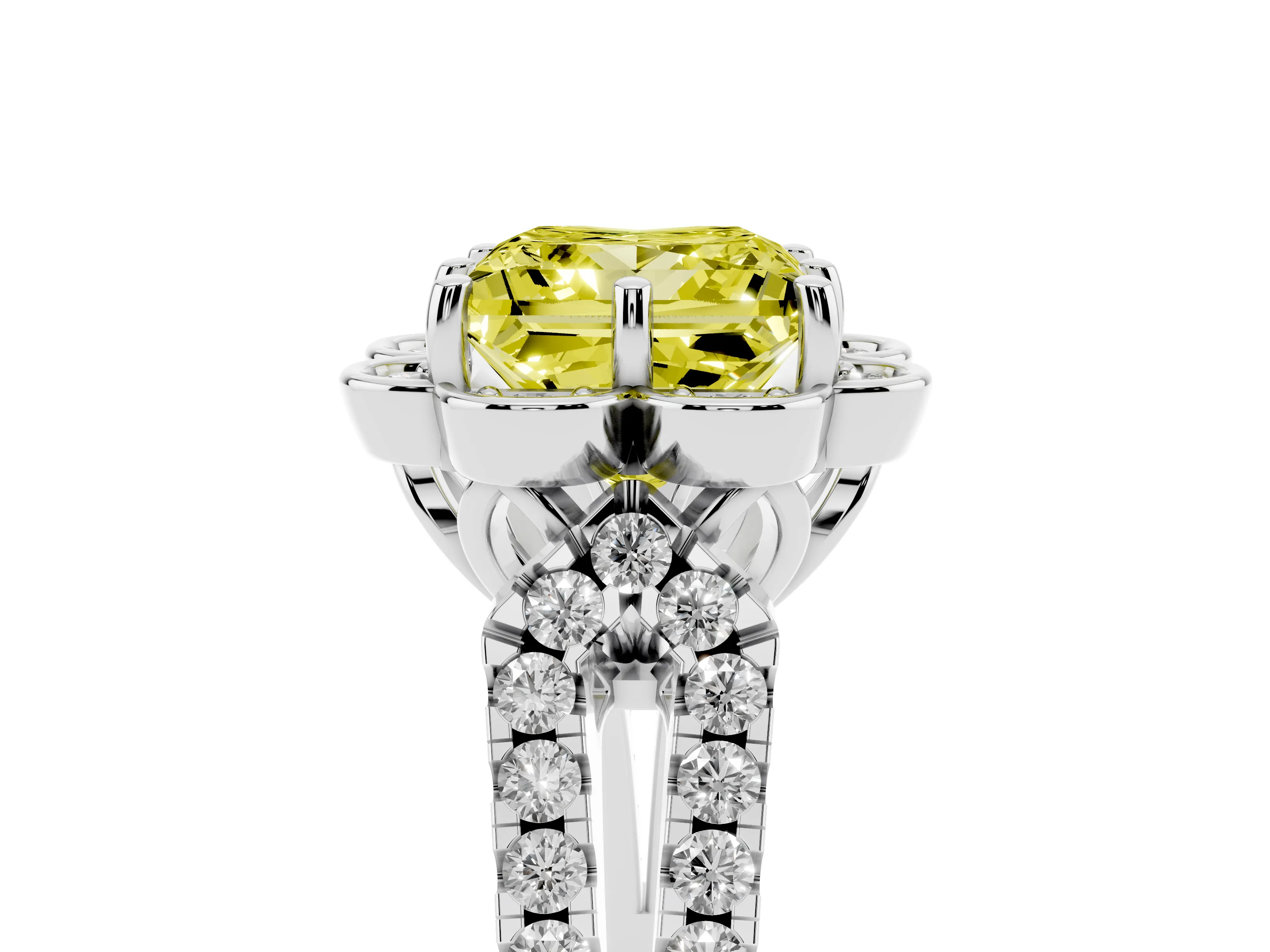 Fancy Yellow Princess Cut Diamond Floral Halo Split Shank Engagement Ring Set in Platinum with Pavé Shank