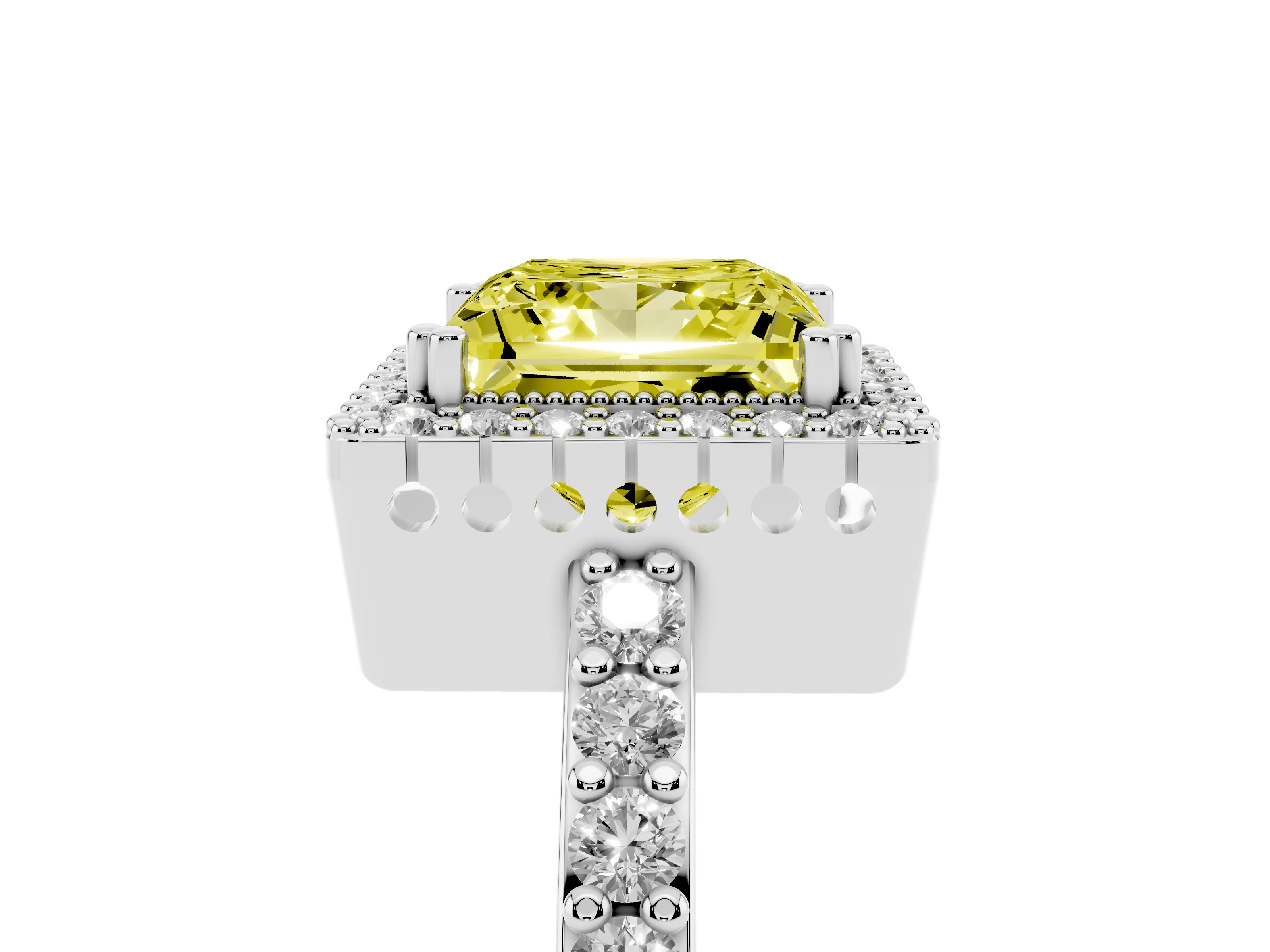 Fancy Yellow Princess Cut Diamond Halo Engagement Ring Set in White gold with Milgrain Detail and Pavé Band