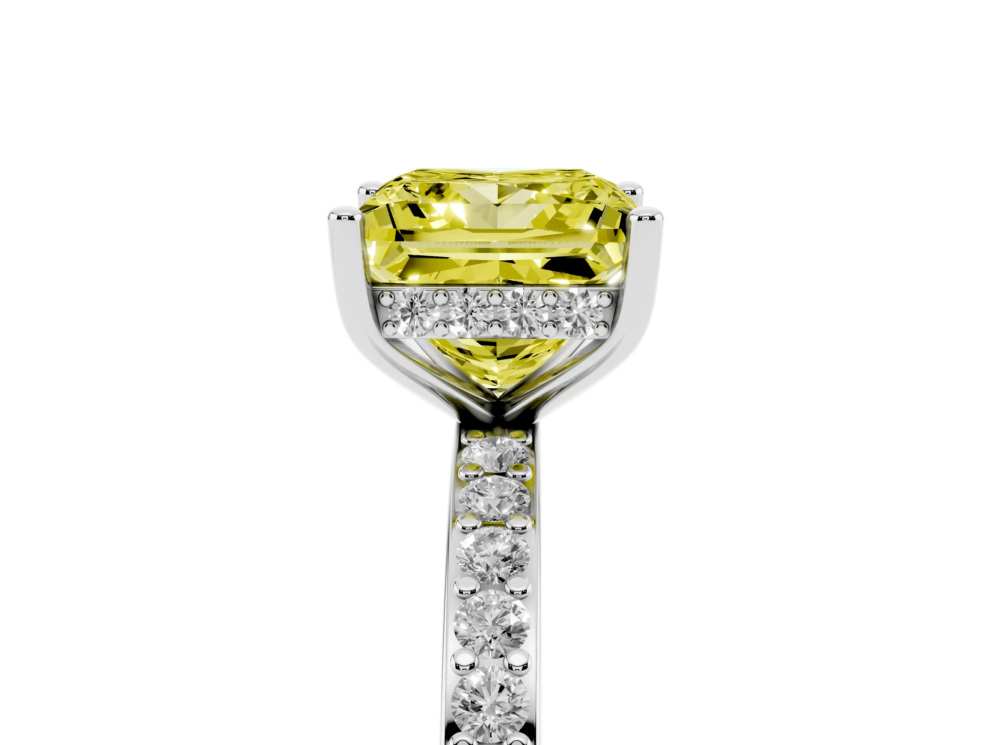 Fancy Yellow Princess Cut Diamond Pavé Band Ring Set in White gold with Prong-Set Center Stone