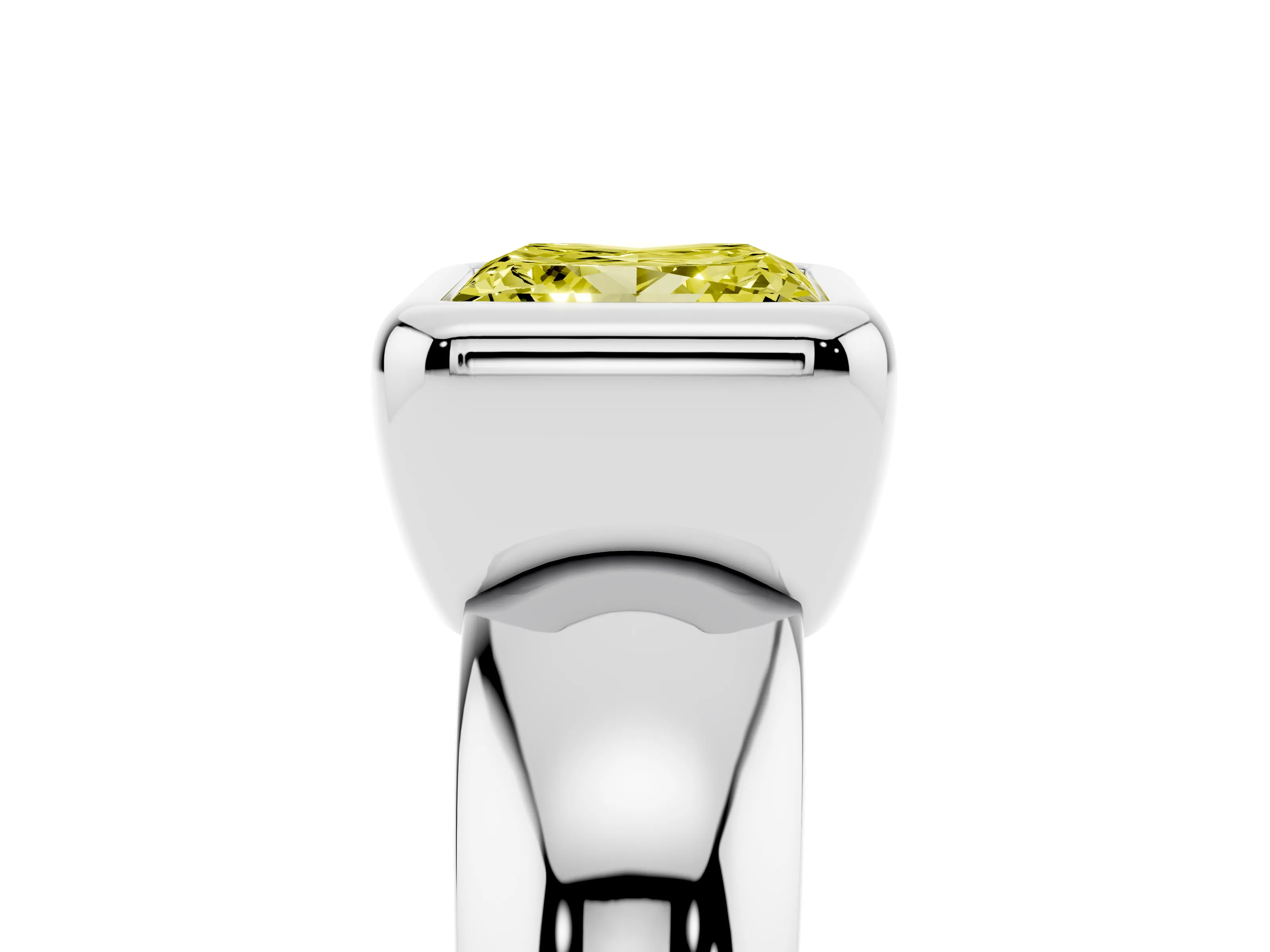 Fancy Yellow Bezel Set Princess Cut Diamond Solitaire Ring Set in White gold with Wide Band