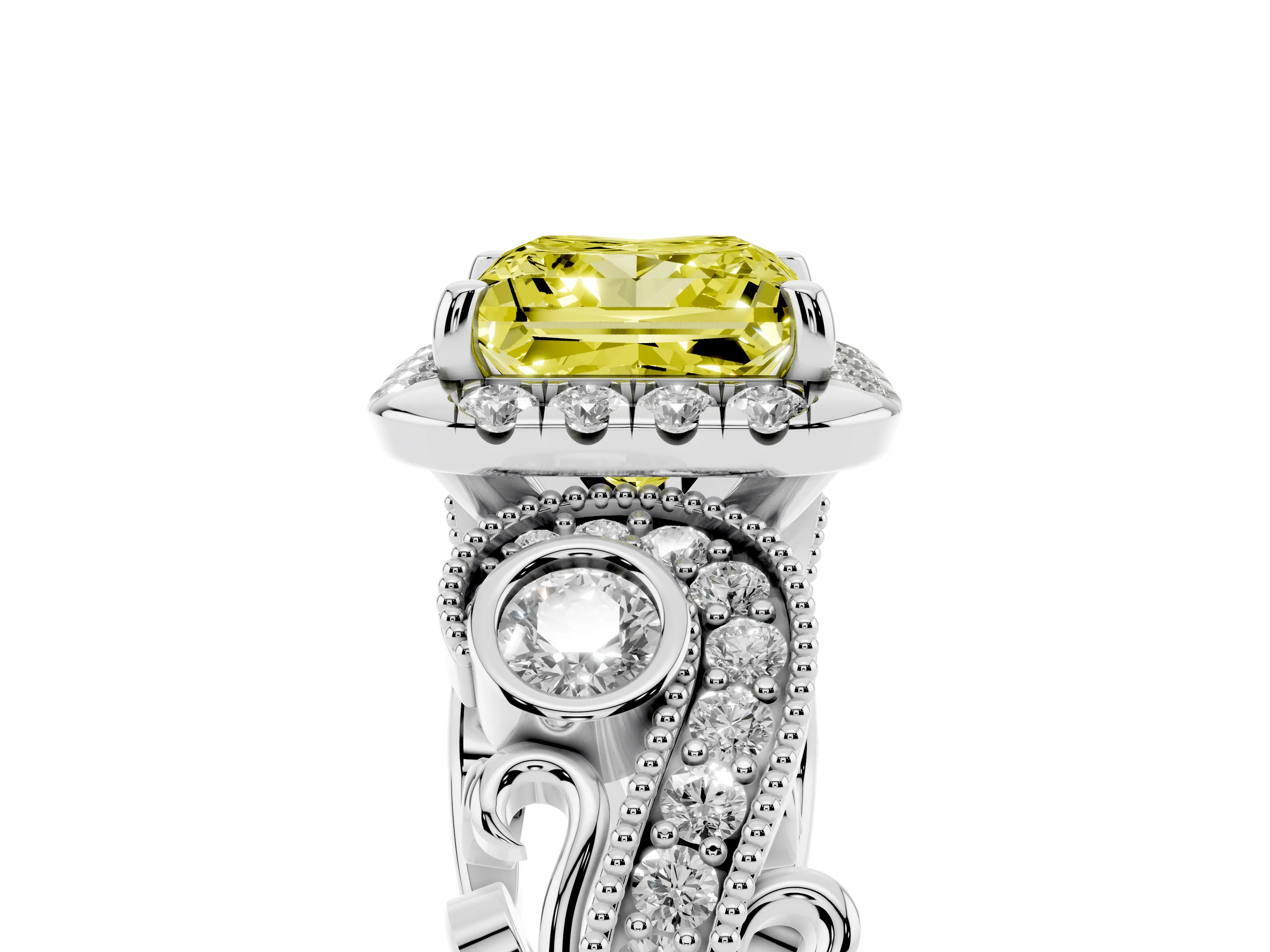Fancy Yellow Princess Cut Diamond Halo Ring Set in Platinum with Milgrain Pavé Band and Prong Setting