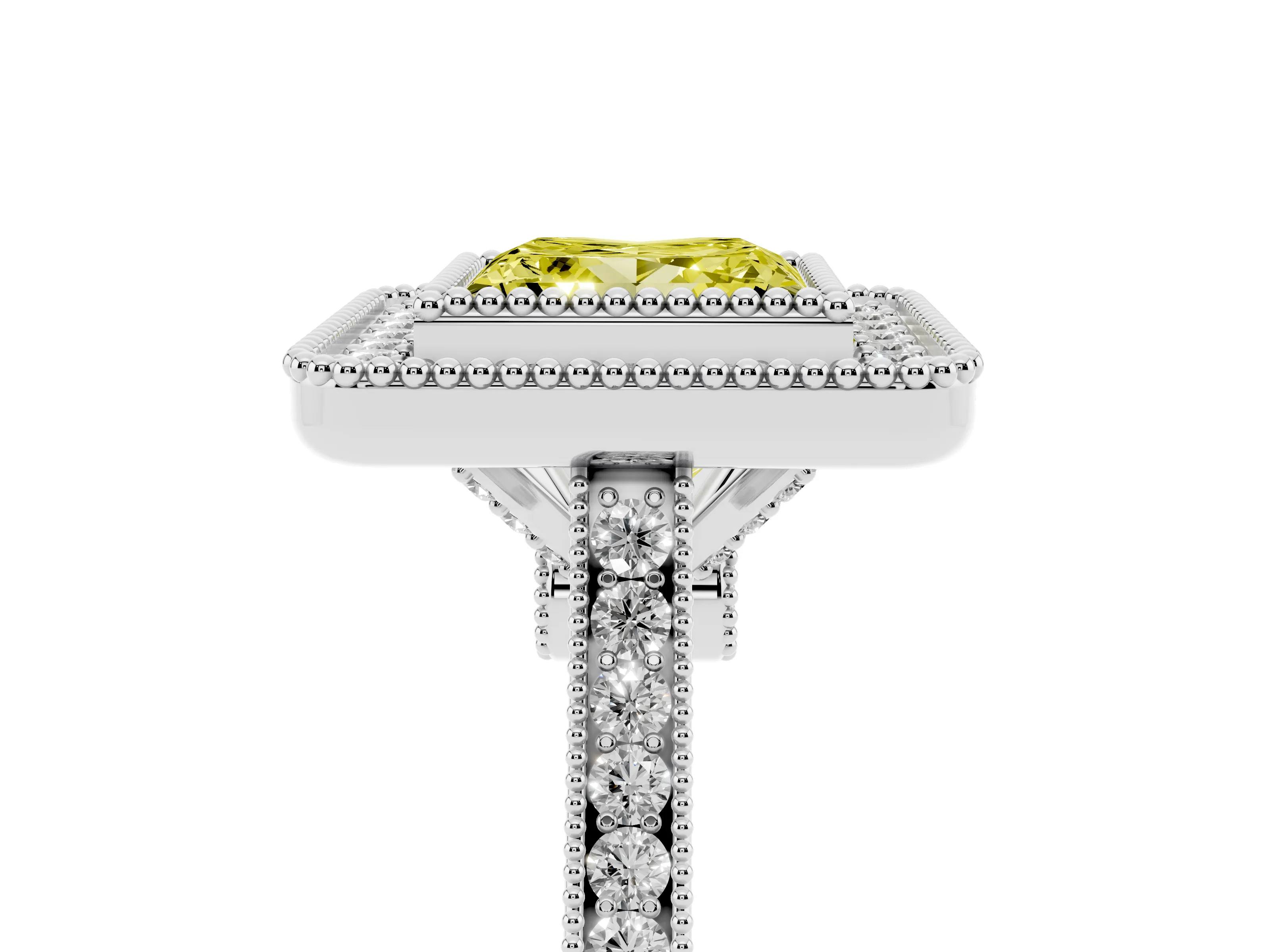 Fancy Yellow Princess Cut Diamond Halo Ring Set in White gold with Milgrain Frame and Pavé Band