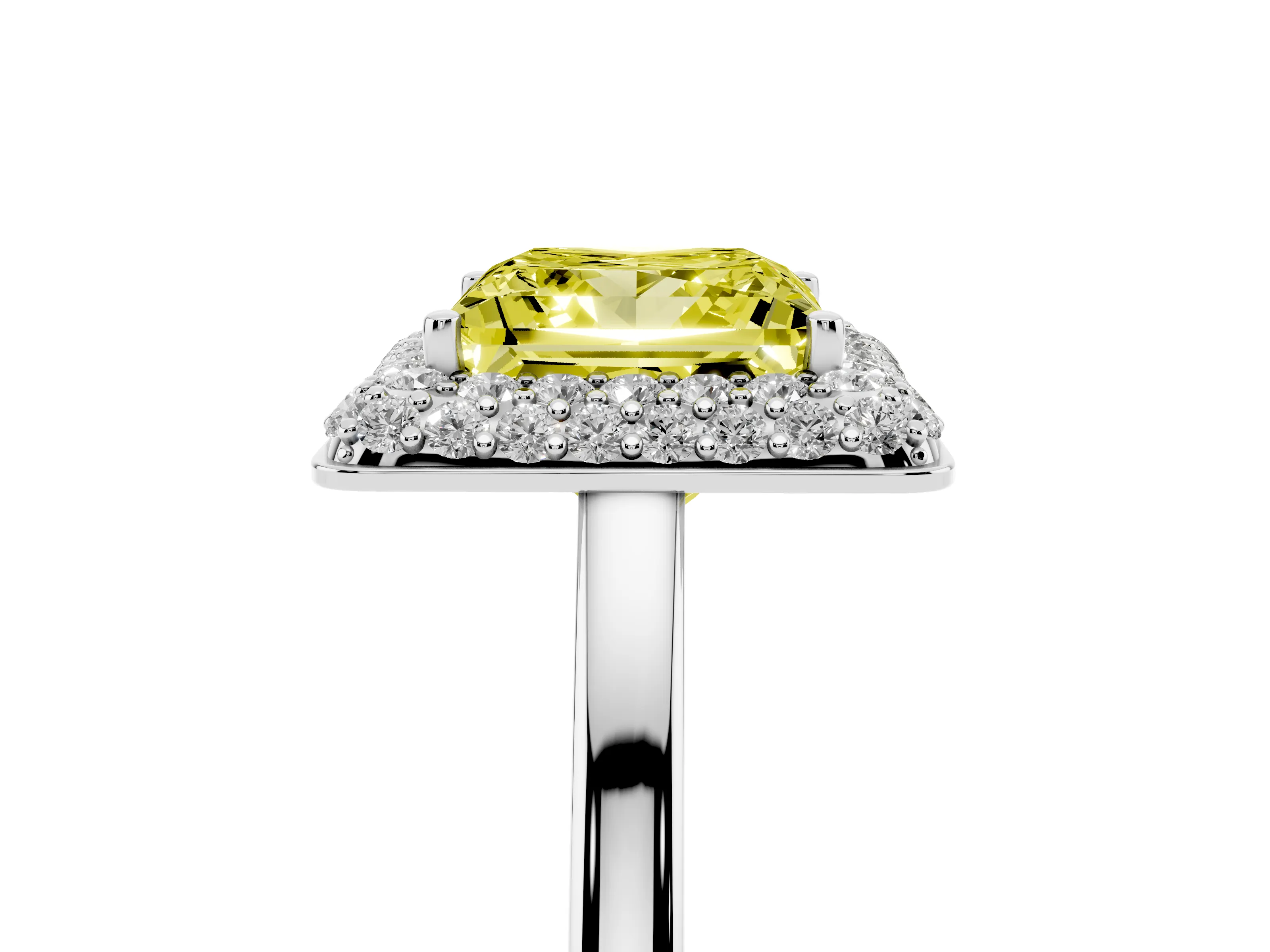 Fancy Yellow Princess Cut Diamond Halo Engagement Ring Set in White gold with Solitaire Band and Prong Setting