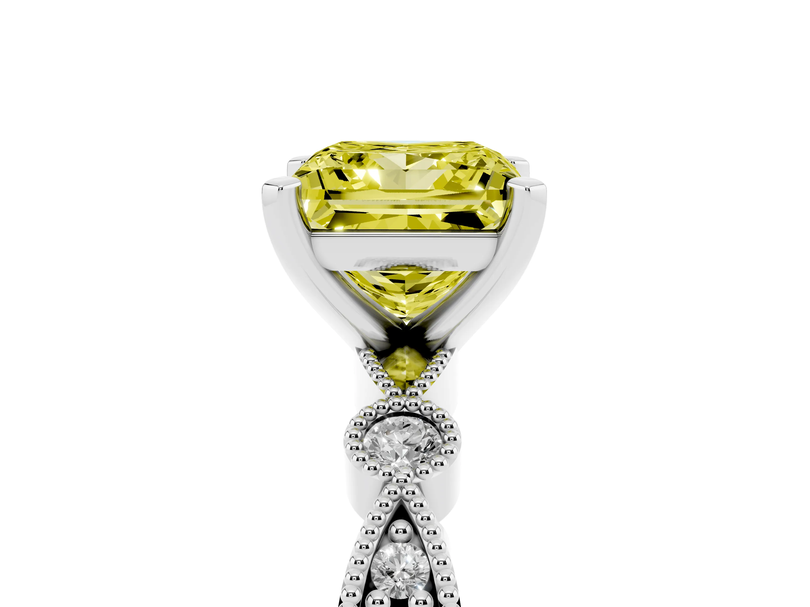 Fancy Yellow Princess Cut Diamond Solitaire Engagement Ring Set in Silver with Milgrain Bezel Accent Band
