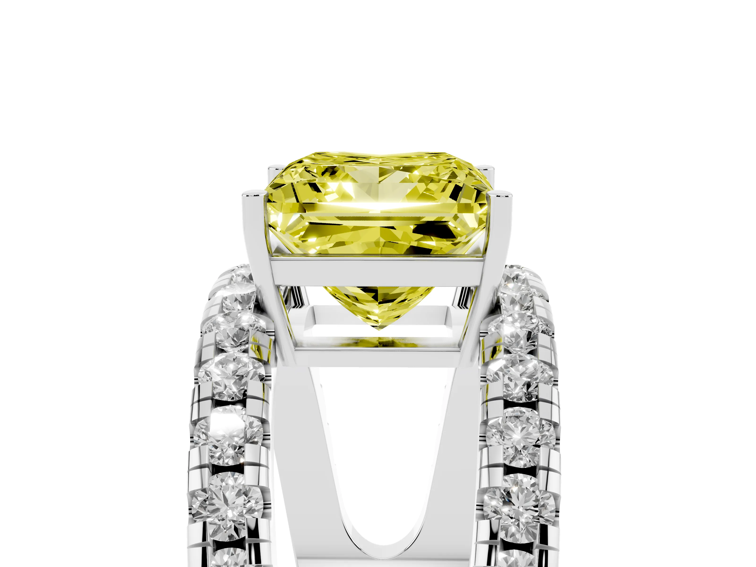 Fancy Yellow Princess Cut Diamond Split Shank Pavé Solitaire Ring Set in White gold with Open Shank Design
