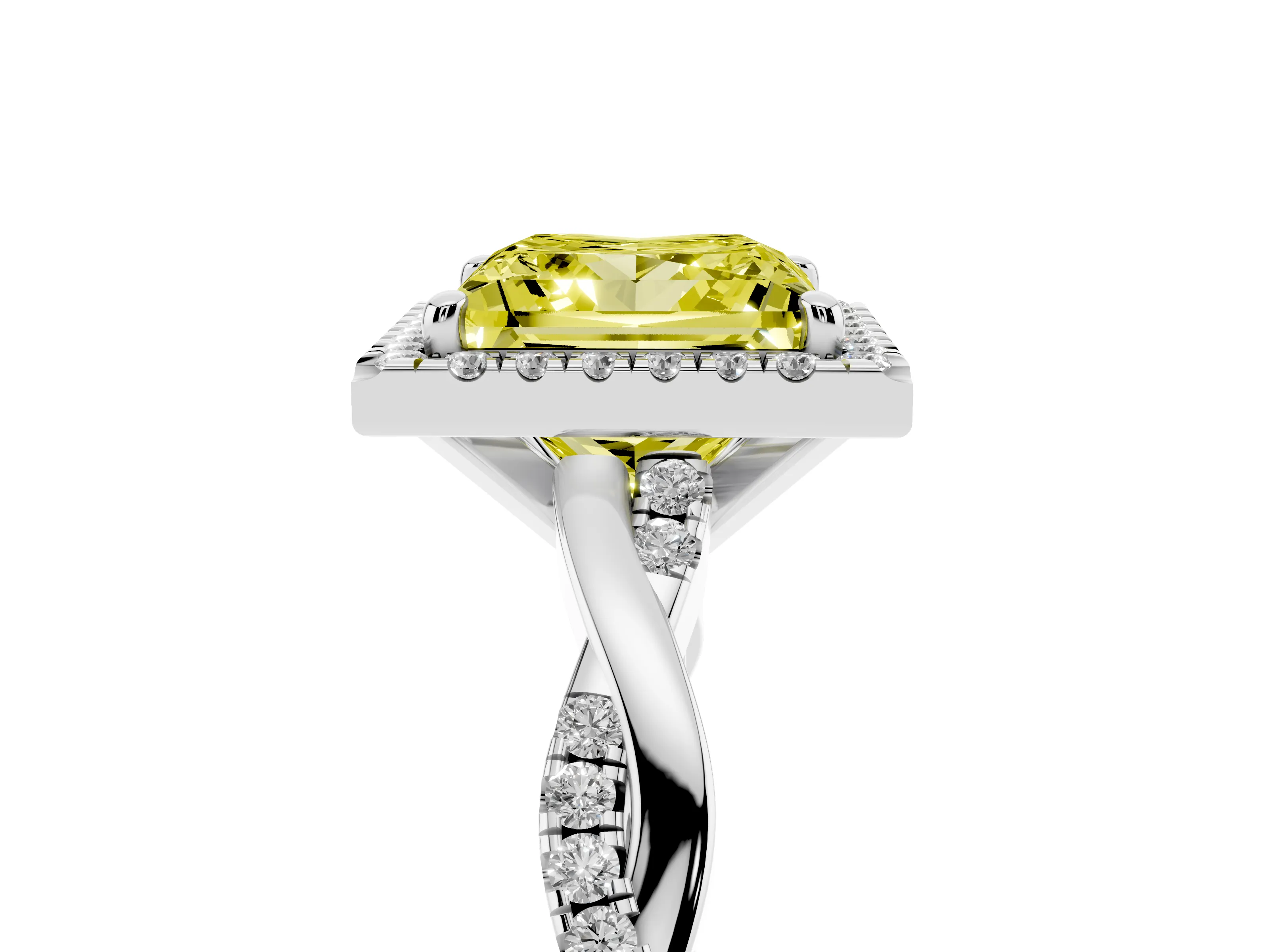 Fancy Yellow Princess Cut Diamond Halo Twisted Band Ring Set in White gold with Prong Setting