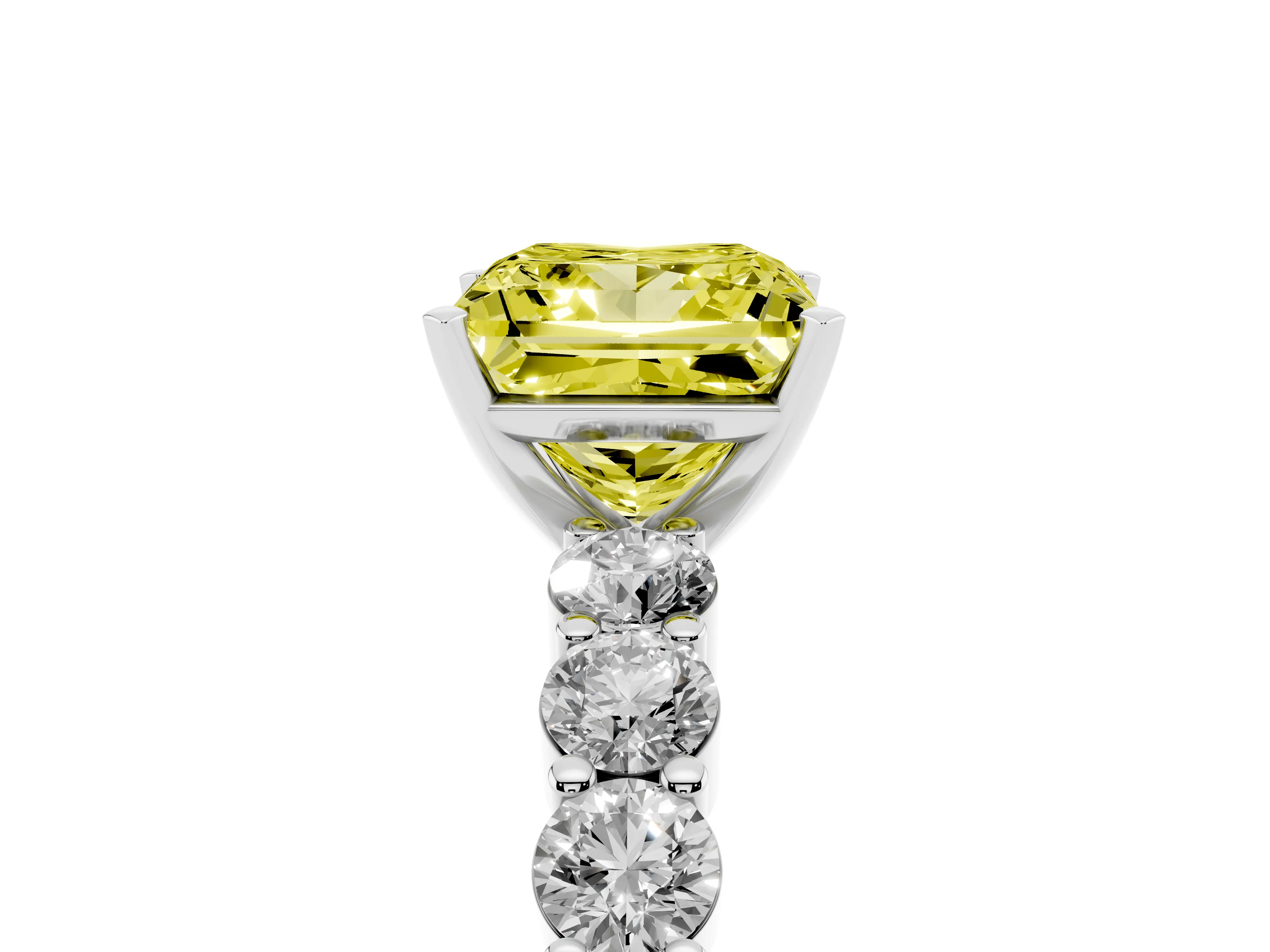 Fancy Yellow Princess Cut Diamond Solitaire Ring Set in White gold with Shared Prong Round Side Stones