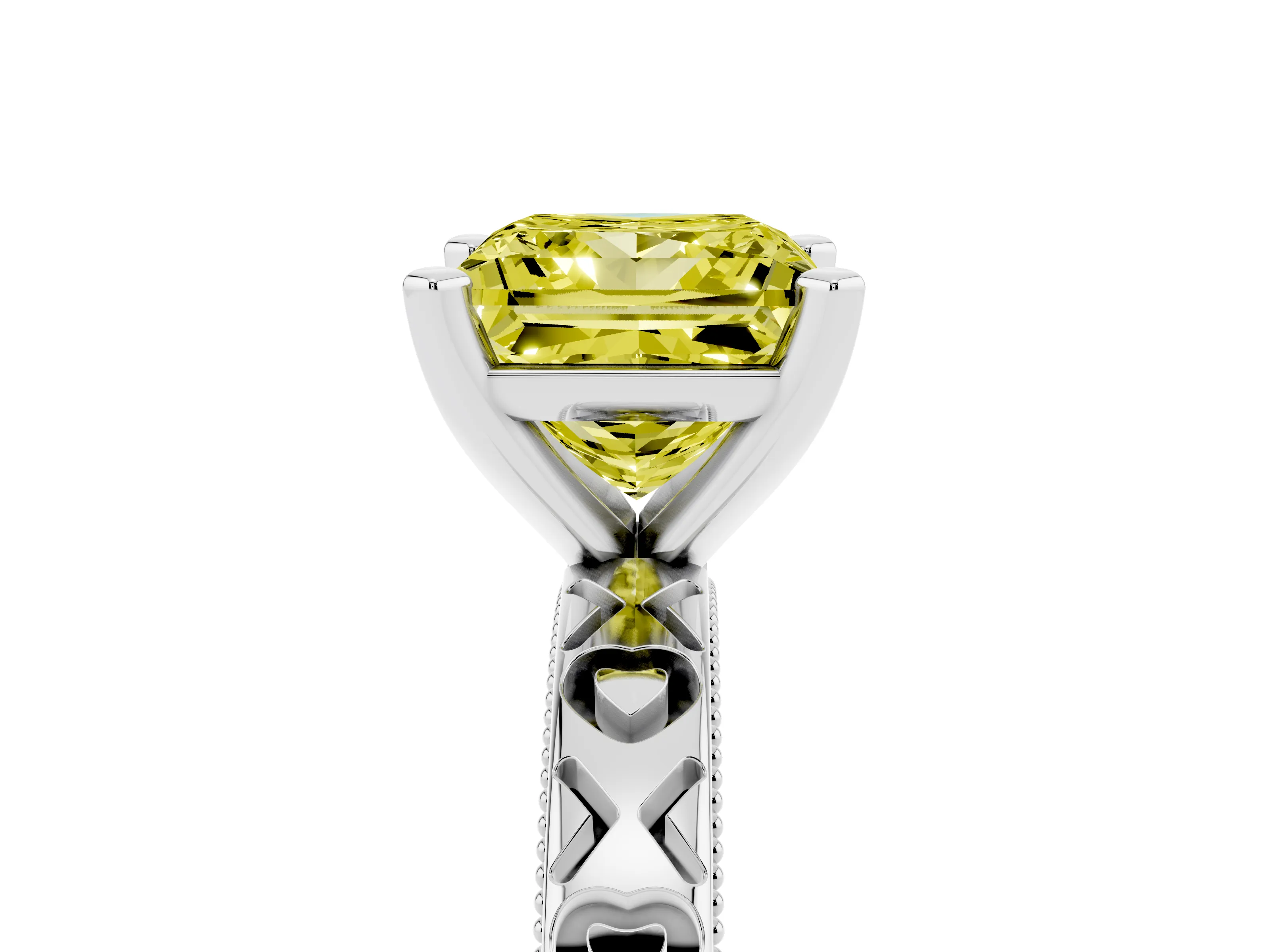 Fancy Yellow Princess Cut Diamond Solitaire Engagement Ring Set in Platinum with XO Engraved Band and Prong Setting