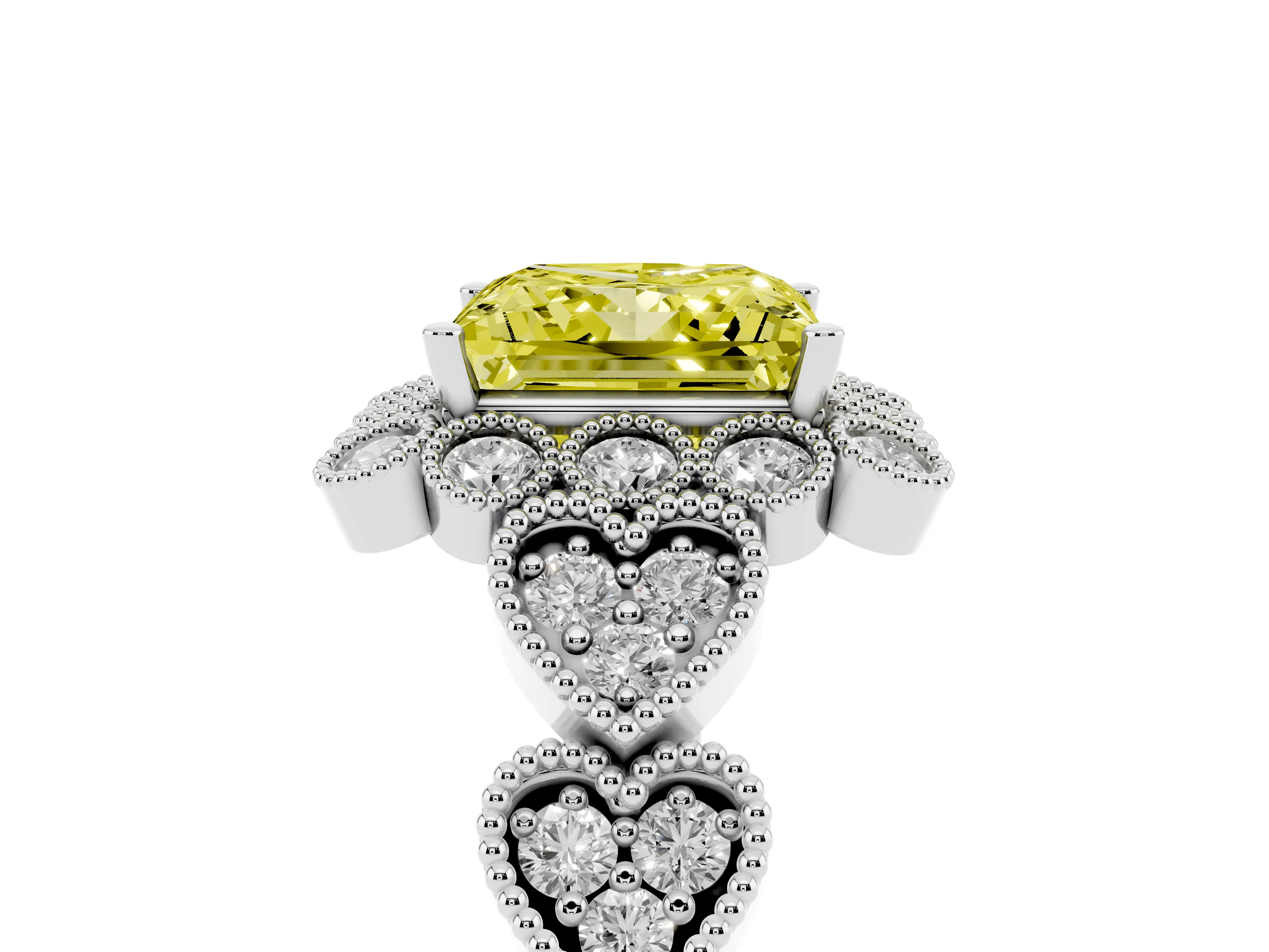 Fancy Yellow Princess Cut Diamond Solitaire Ring Set in Silver with Milgrain Pavé Heart Band