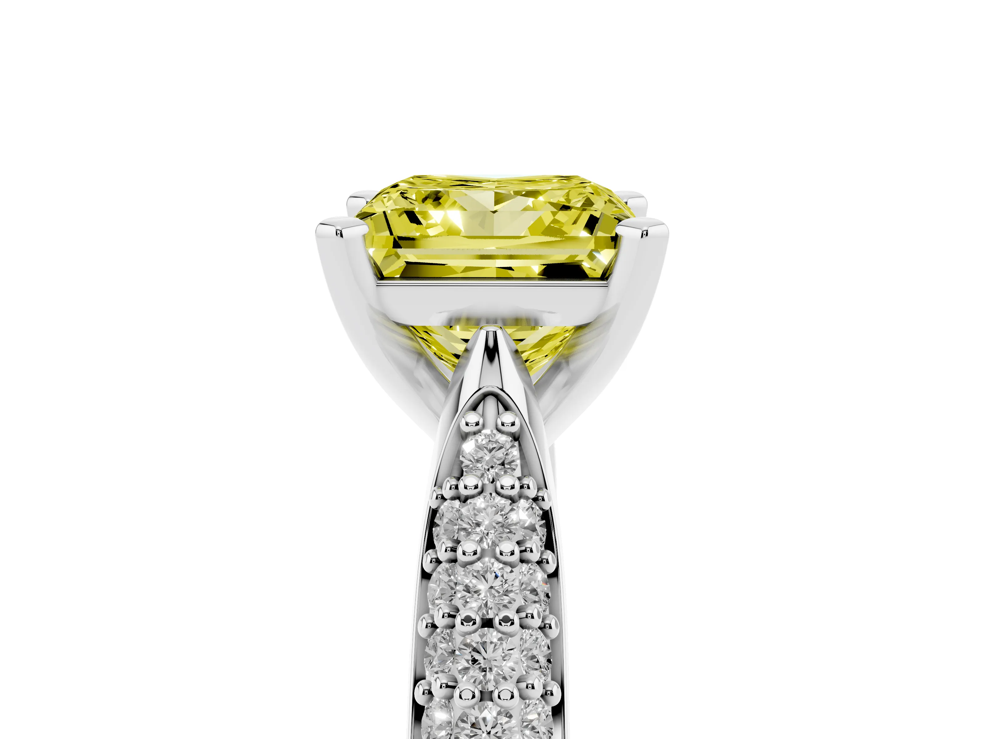 Fancy Yellow Princess Cut Diamond Solitaire Engagement Ring Set in Platinum with Multi-Row Round Pavé Band and Prong Setting