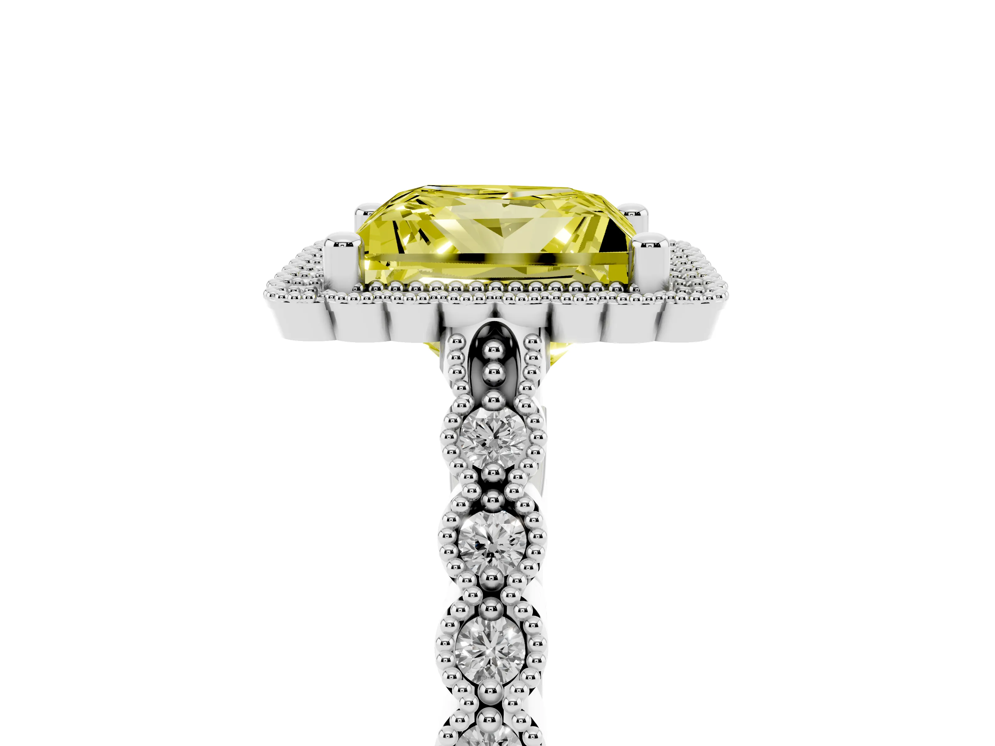 Fancy Yellow Princess Cut Diamond Halo Ring Set in Silver with Pavé Milgrain Band