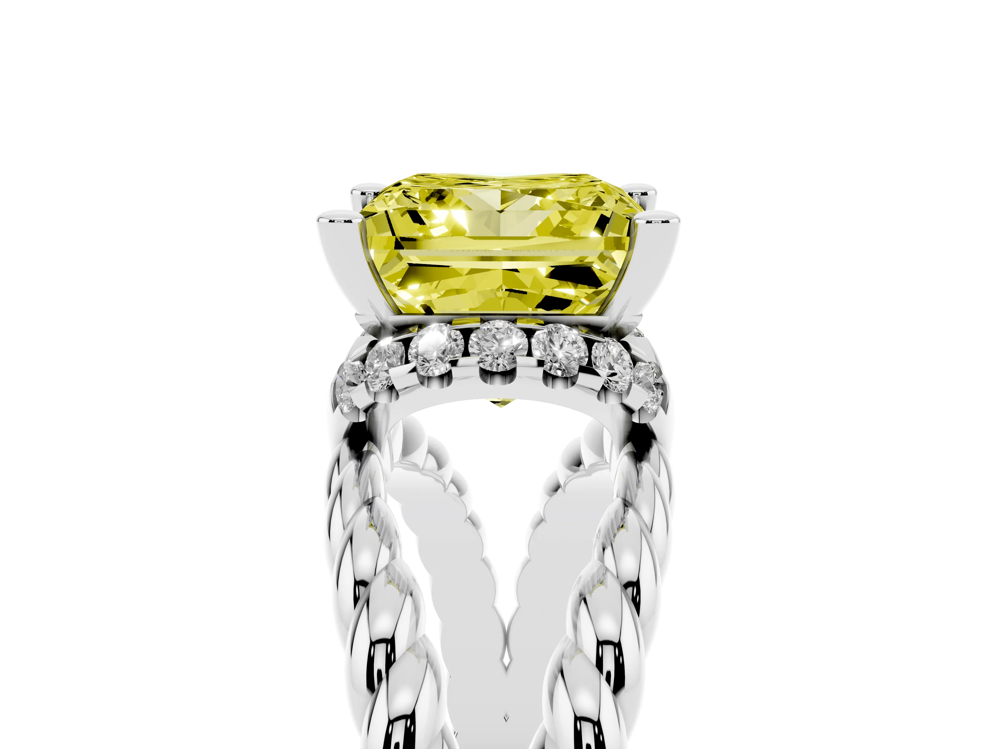 Fancy Yellow Princess Cut Diamond Halo Ring Set in White gold with Twisted Band and Prong Setting
