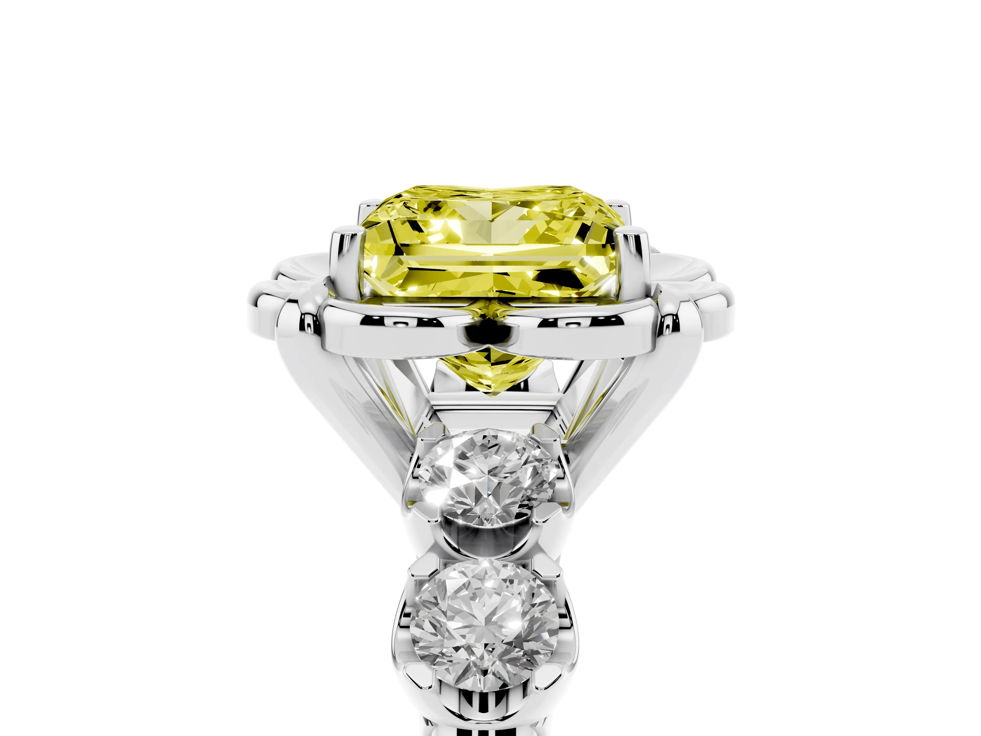 Fancy Yellow Princess Cut Diamond Floral Halo Ring Set in Silver with Shared Prong Band