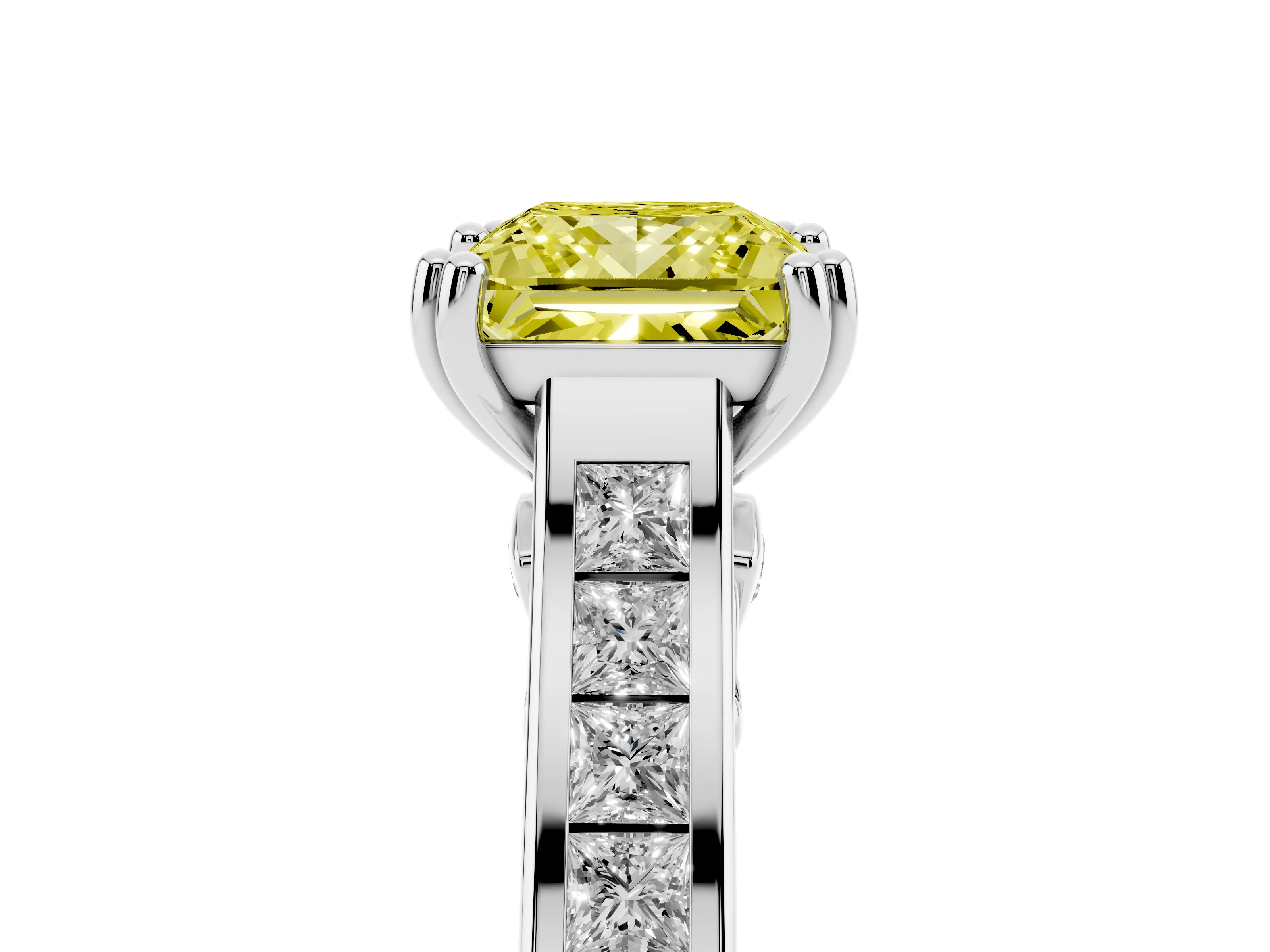 Fancy Yellow Princess Cut Diamond Channel Set Solitaire Engagement Ring Set in Platinum with Prong Setting