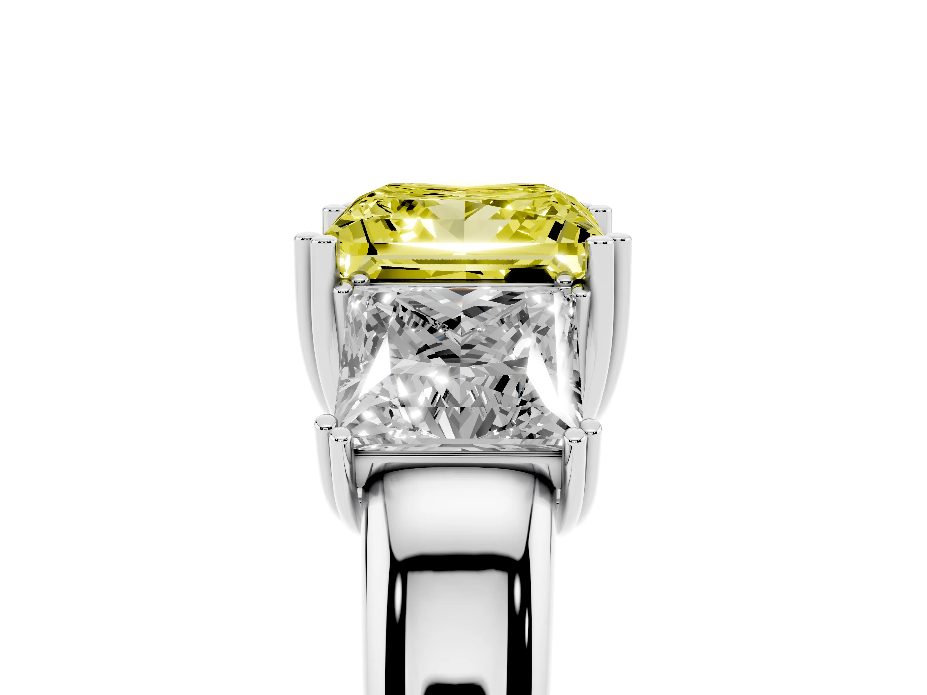 Fancy Yellow Princess Cut Diamond Three-Stone Ring Set in White gold with Polished Channel-Set Band