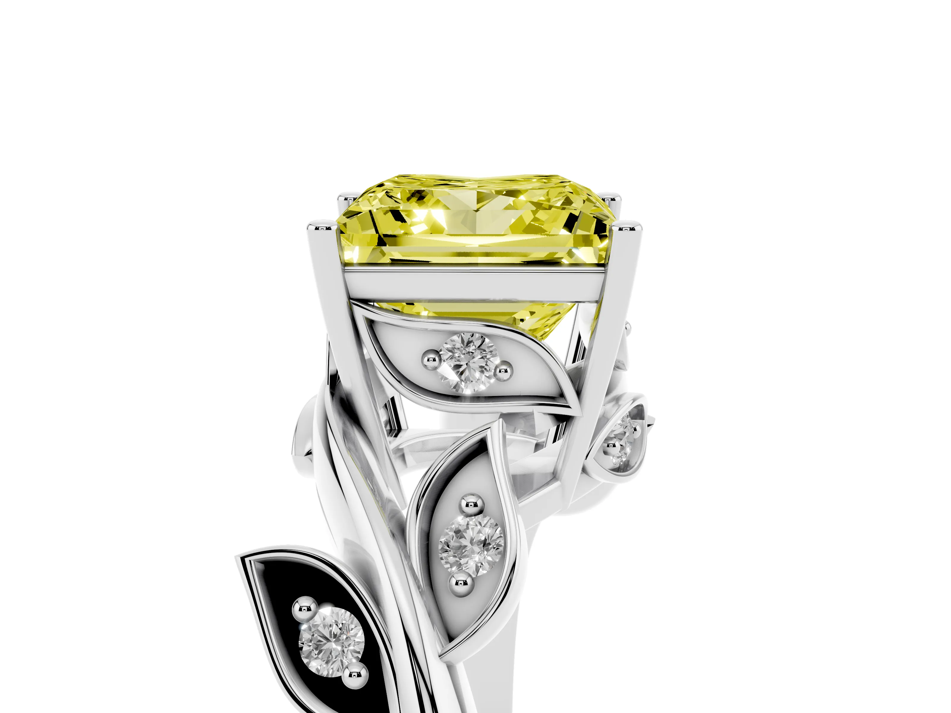 Fancy Yellow Princess Cut Diamond Solitaire Twist Engagement Ring Set in White gold with Pavé Leaf Accents