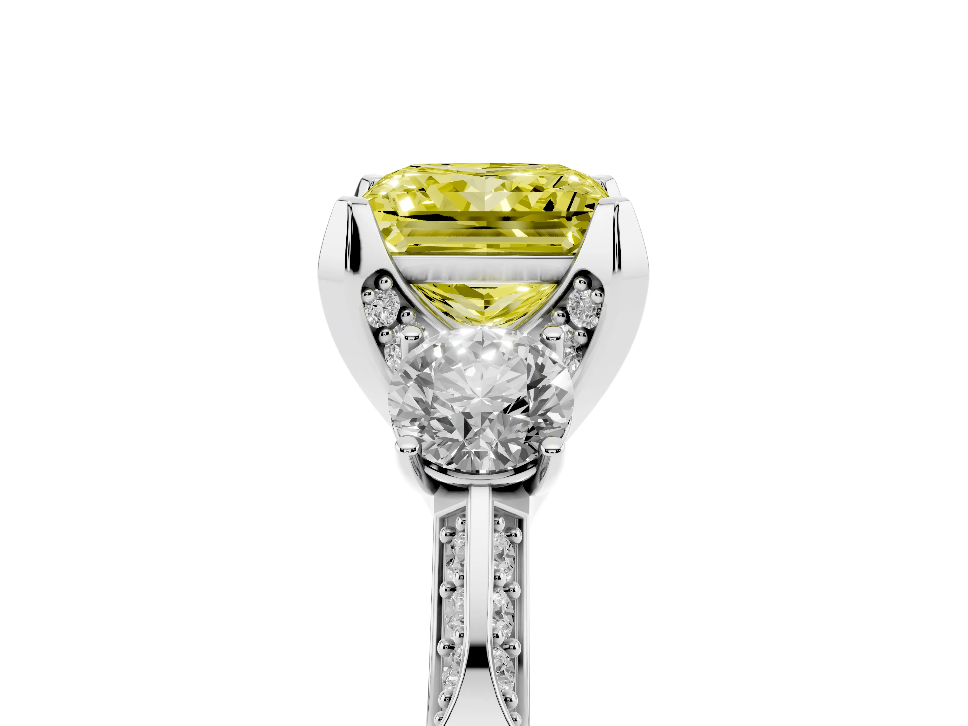 Fancy Yellow Princess Cut Diamond Three-Stone Ring Set in White gold with Pavé Band and Smaller Side Stones