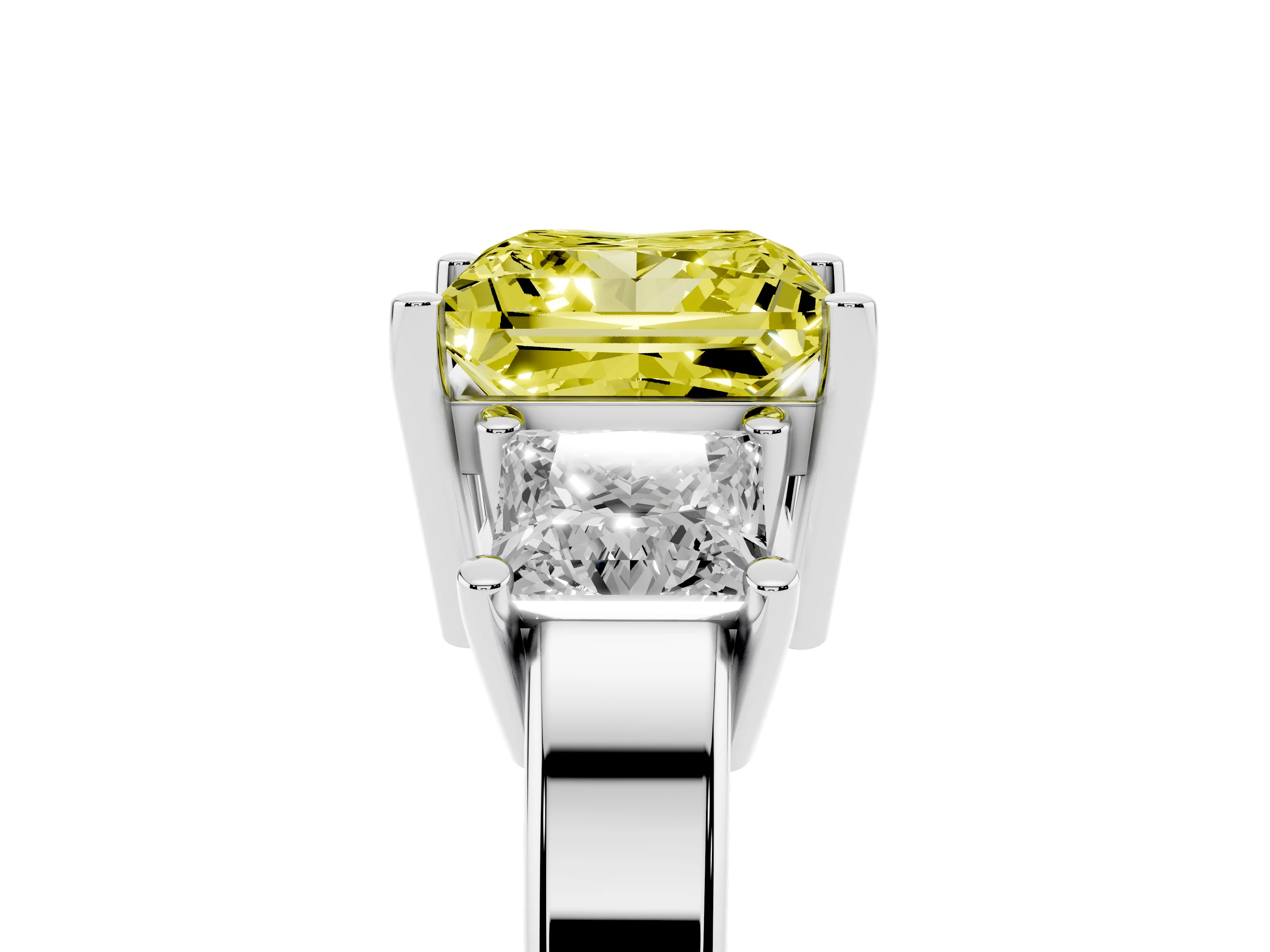 Fancy Yellow Three-Stone Princess Cut Diamond Solitaire Ring Set in Platinum with Prong Setting
