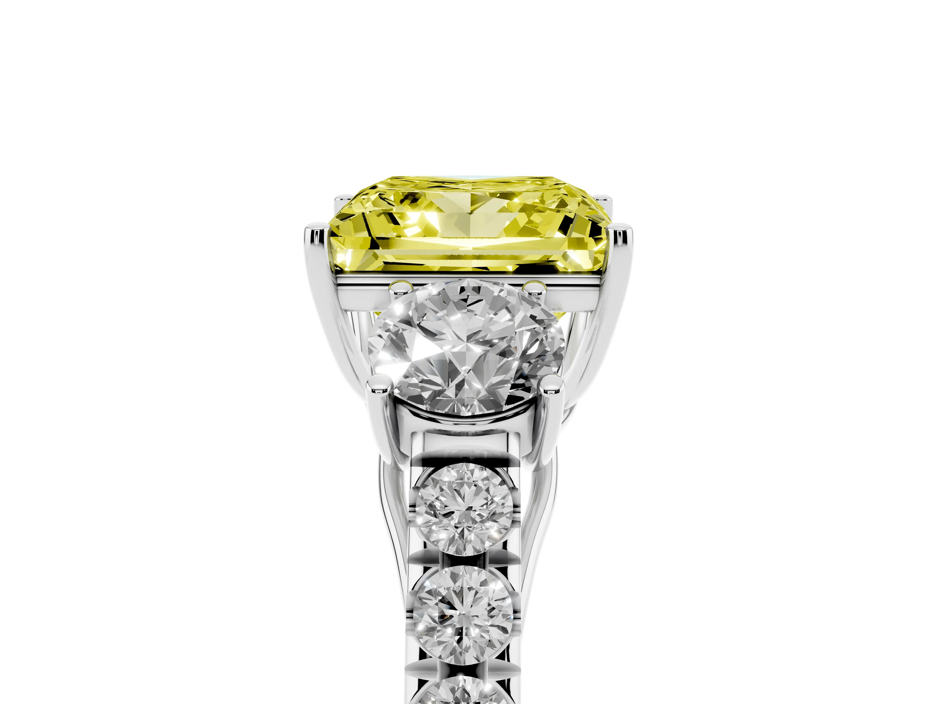 Fancy Yellow Princess Cut Diamond Three-Stone Ring Set in Silver with Round Side Stones and Delicate Pavé Band