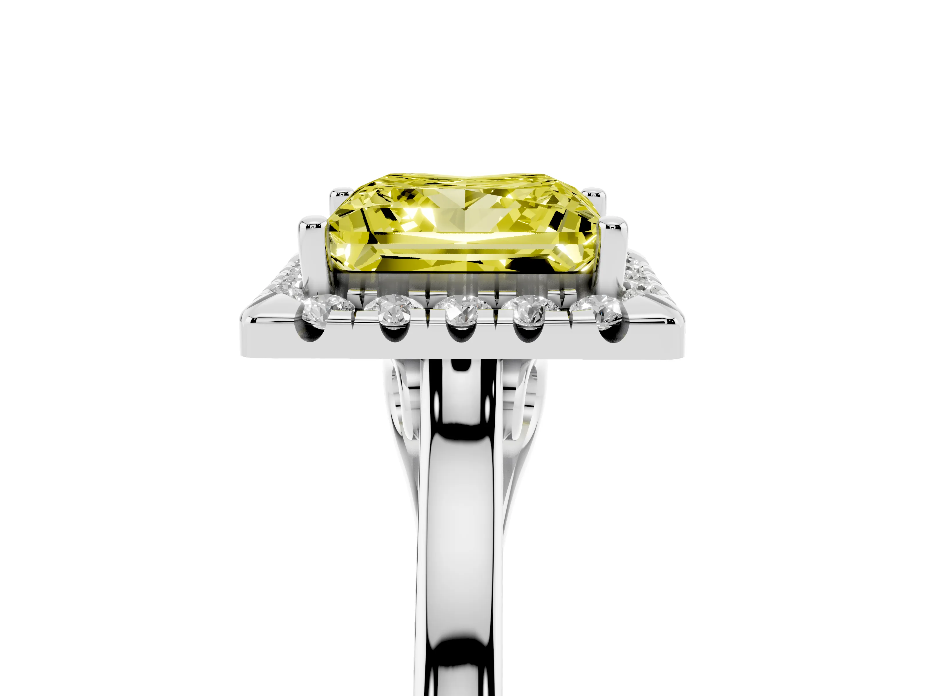 Fancy Yellow Princess Cut Halo Round Diamond Solitaire Ring Set in Platinum with Pavé Band and Prong Setting