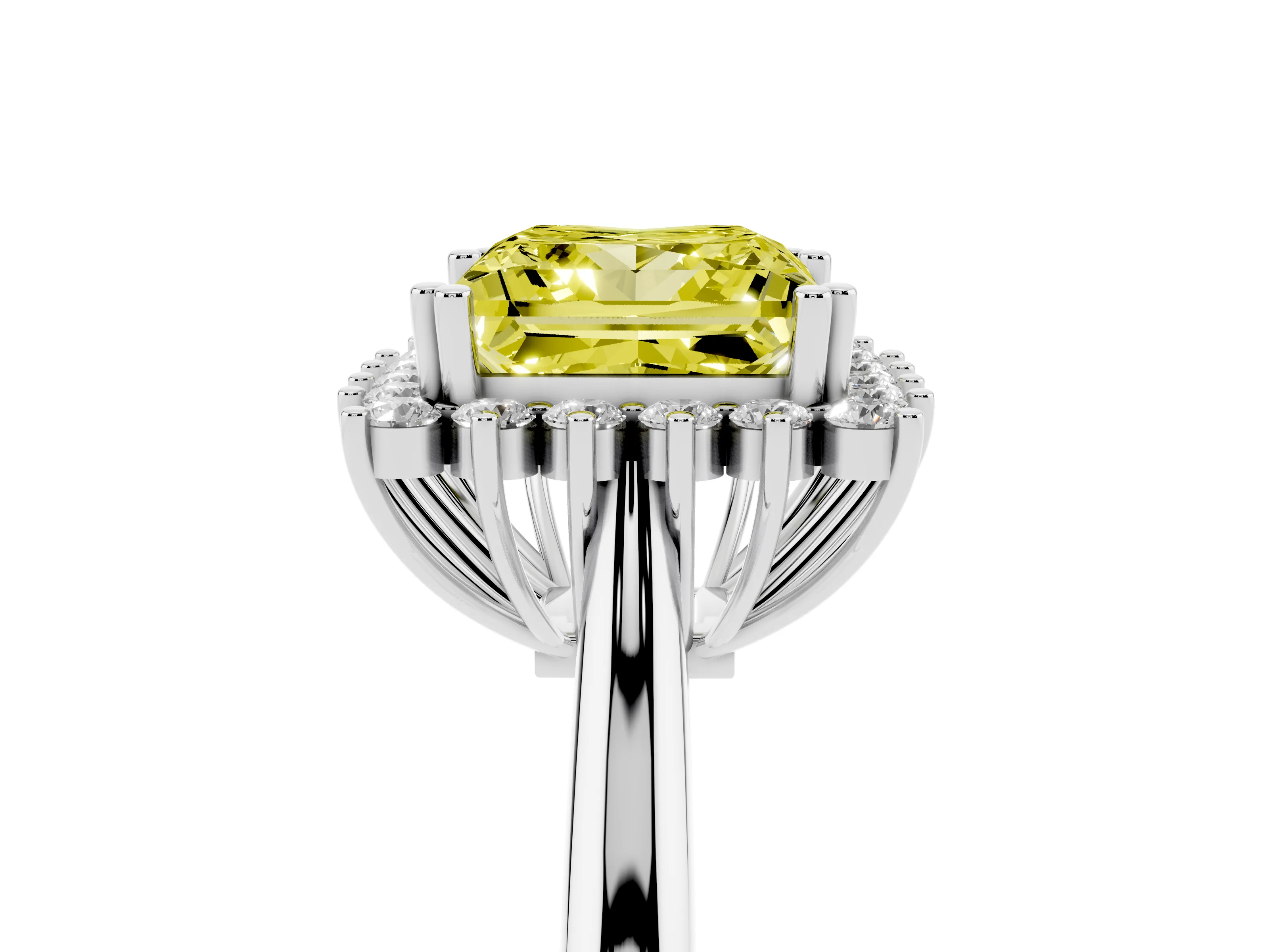 Fancy Yellow Princess Cut Diamond Halo Ring Set in Platinum with Plain Solitaire Band and Prong Setting
