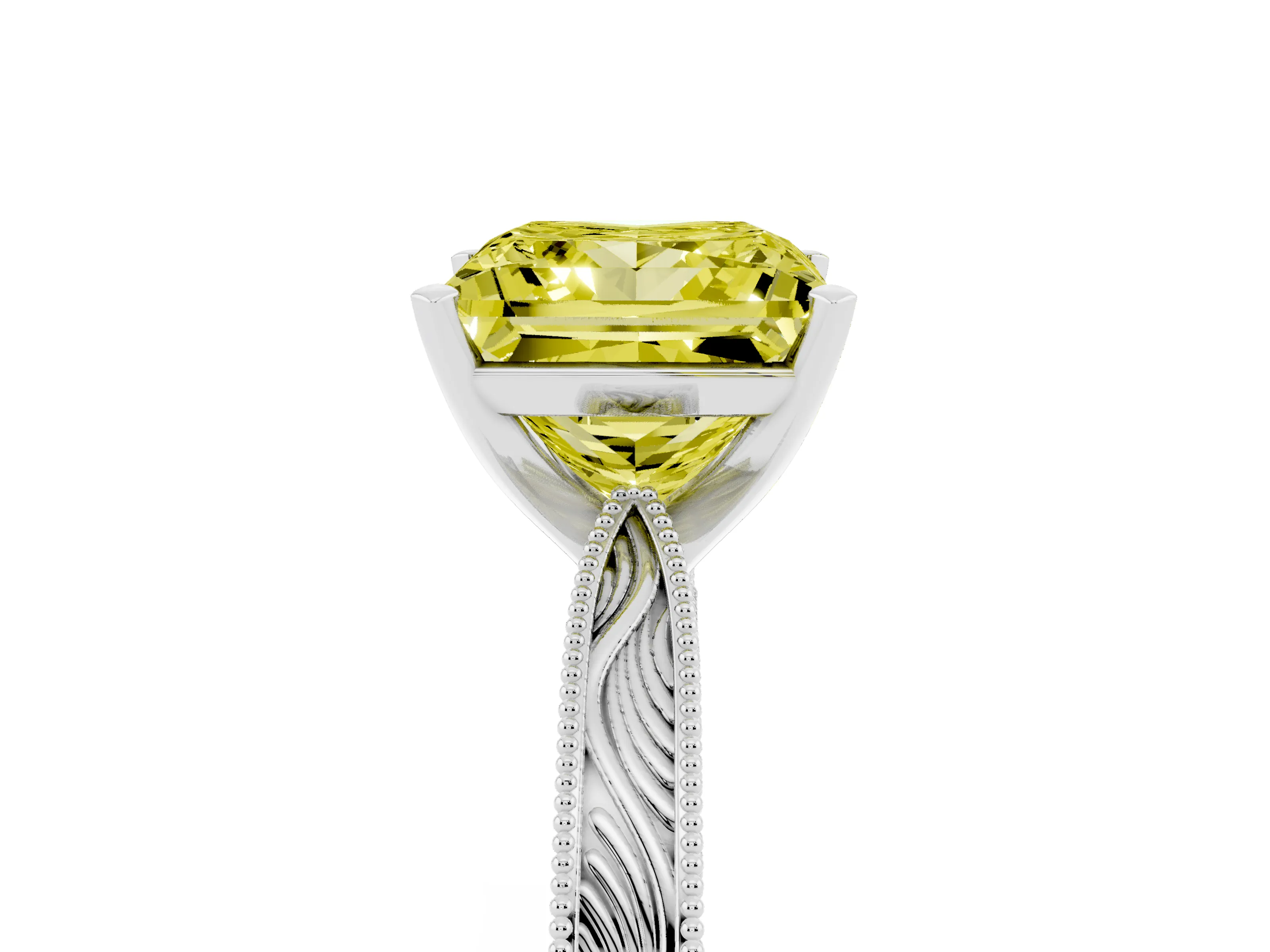 Fancy Yellow Princess Cut Diamond Solitaire Milgrain Engraved Band Set in White gold with Prong Setting