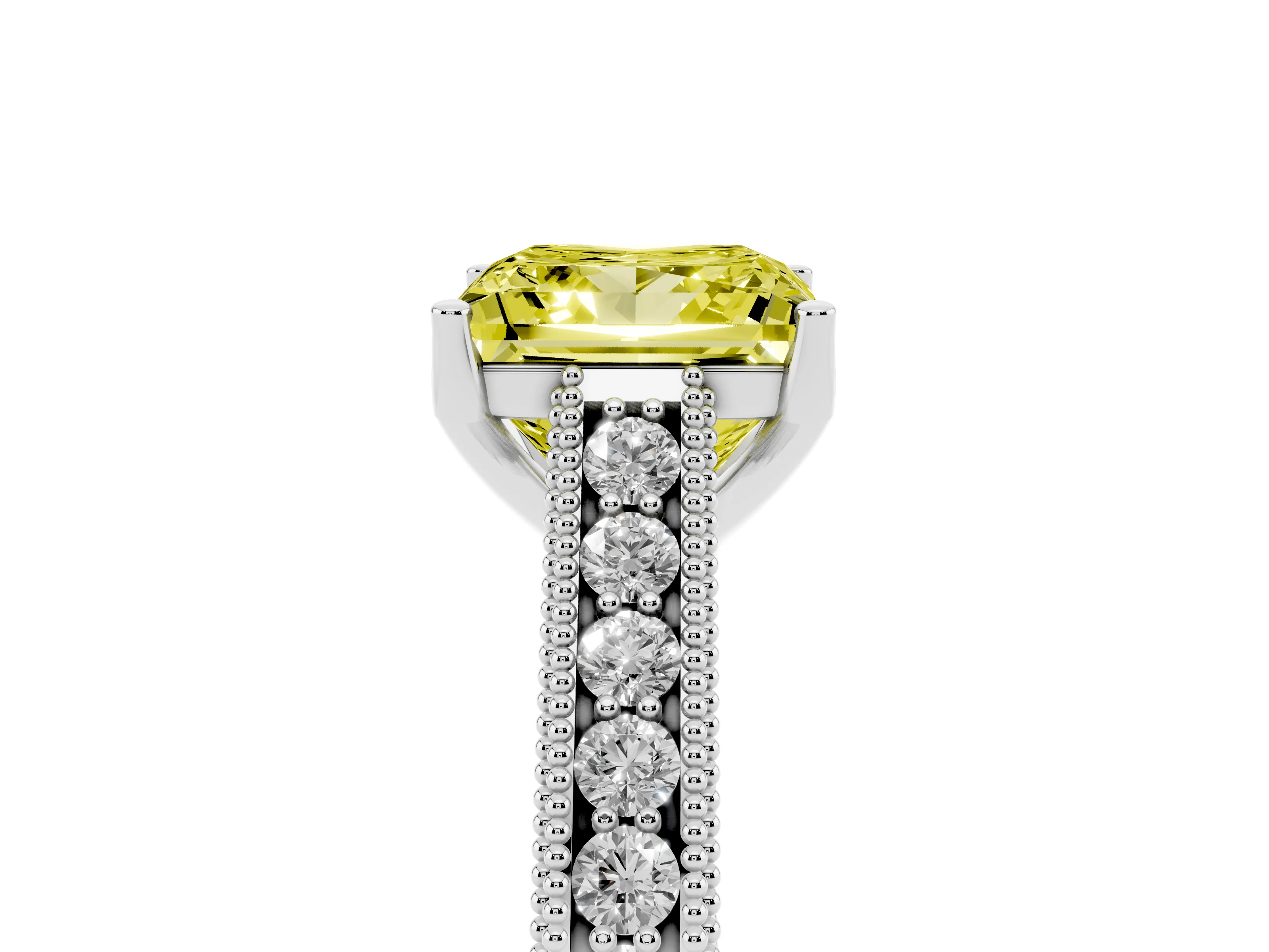 Fancy Yellow Princess Cut Diamond Milgrain Pavé Band Solitaire Ring Set in Platinum with Prong Setting