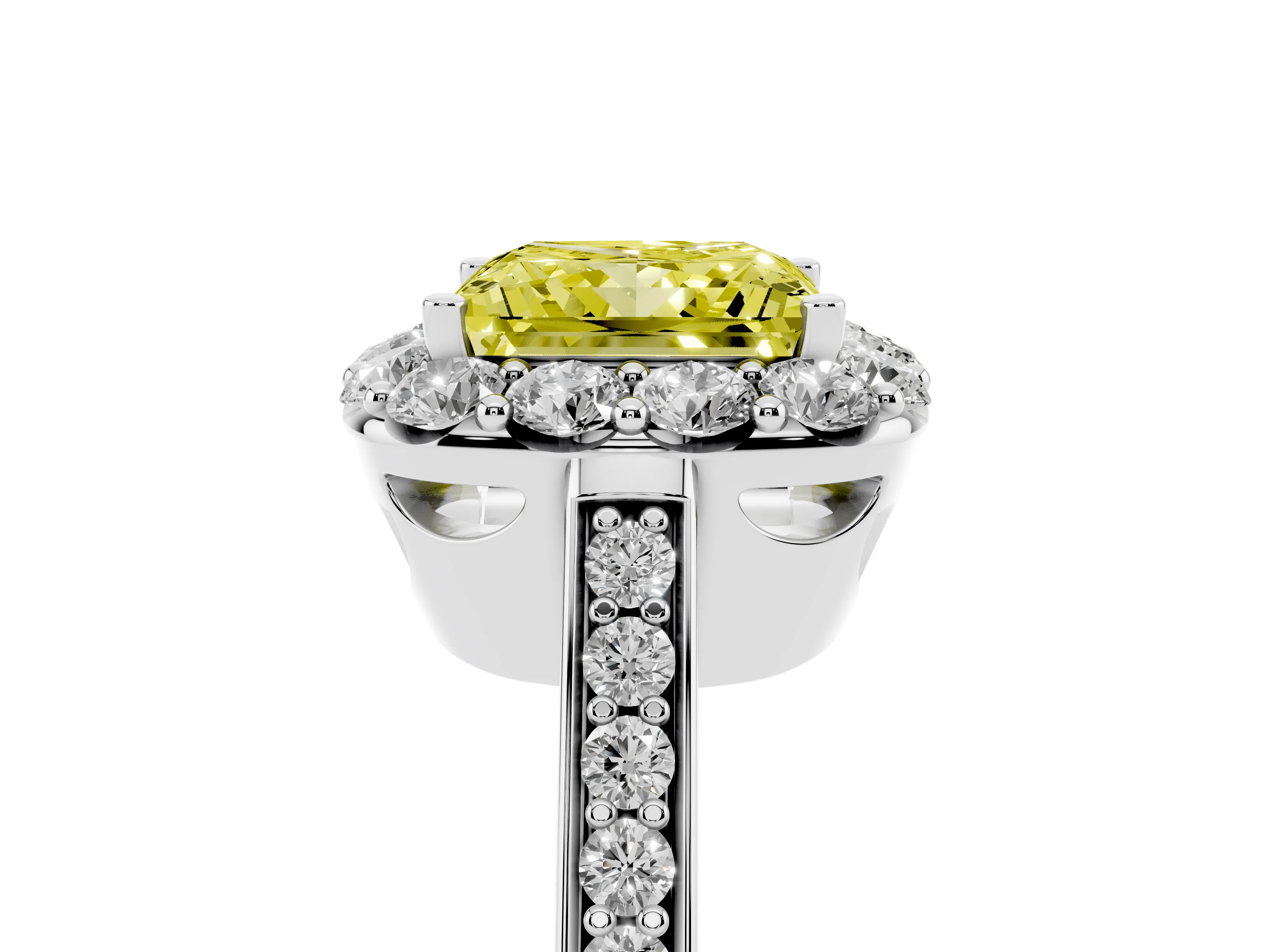 Fancy Yellow Princess Cut Diamond Floral Halo Ring Set in Platinum with Pavé Band and Prong Setting