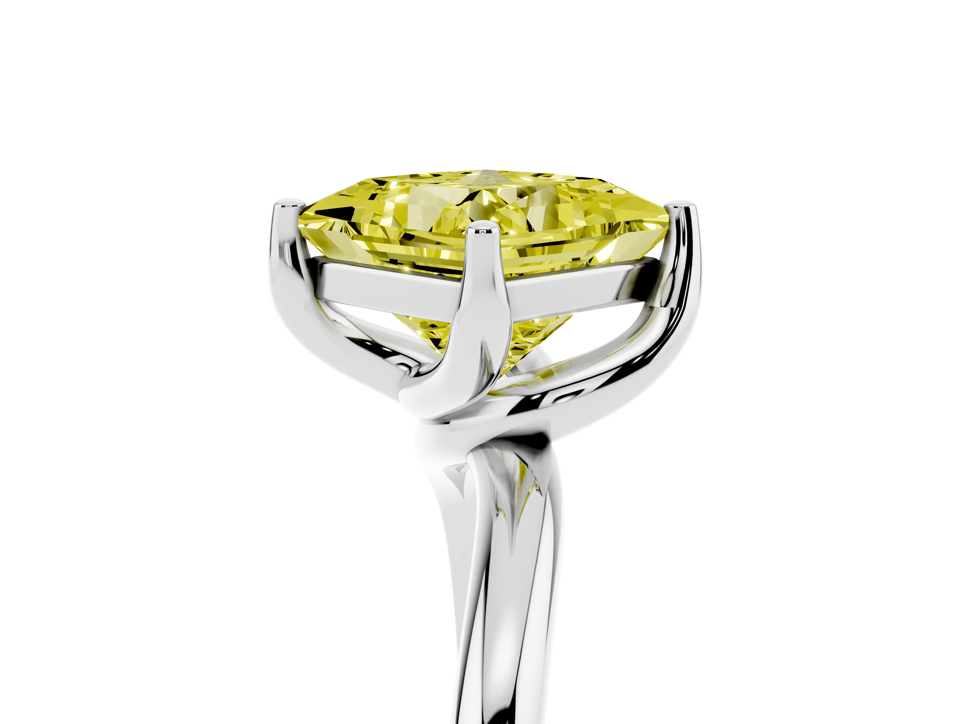 Fancy Yellow Princess Cut Diamond Solitaire Engagement Ring Set in Platinum with Classic Plain Band