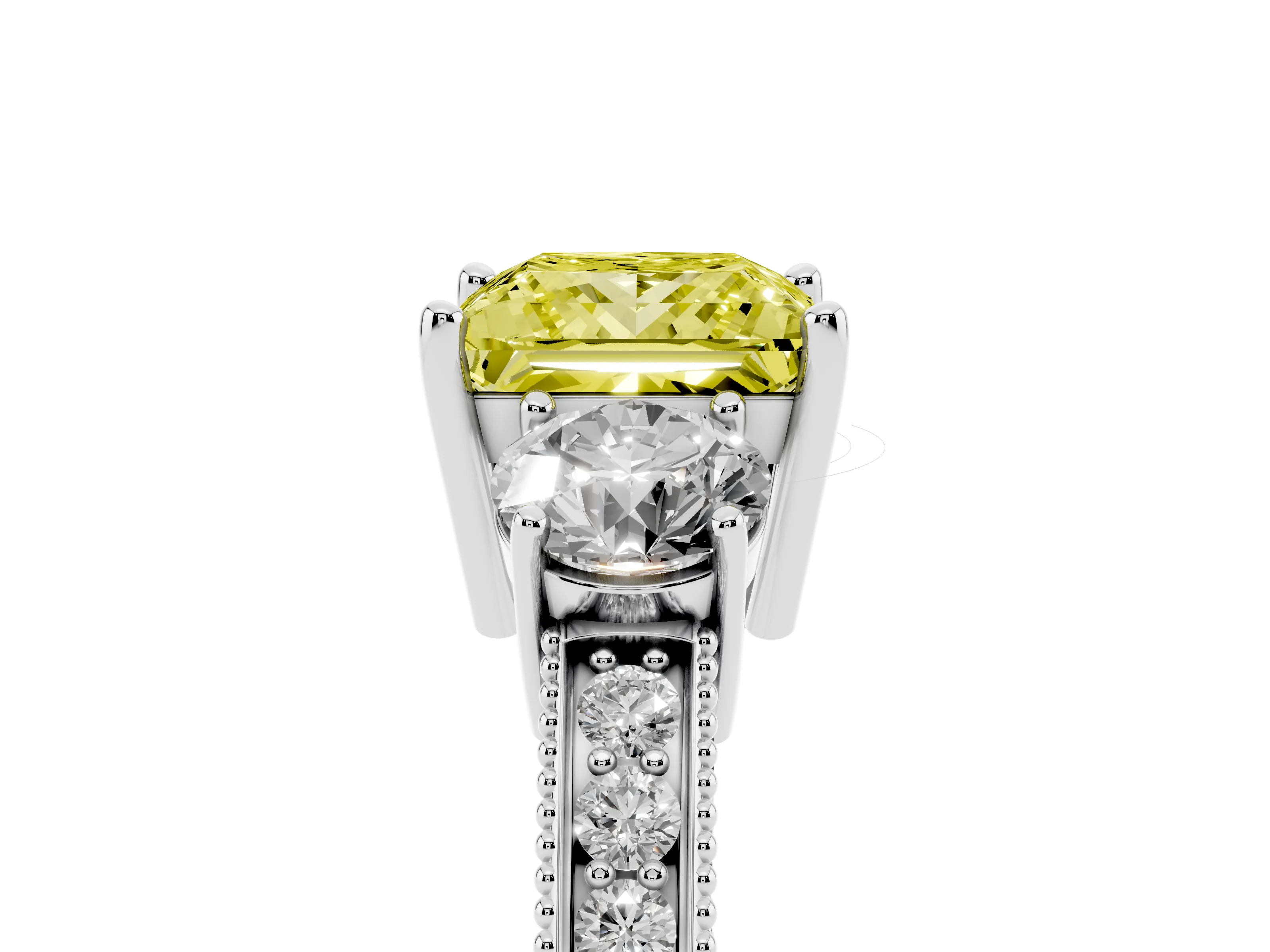 Fancy Yellow Princess Cut Diamond Three-Stone Ring Set in Platinum with Round Side Stones and Pavé Band