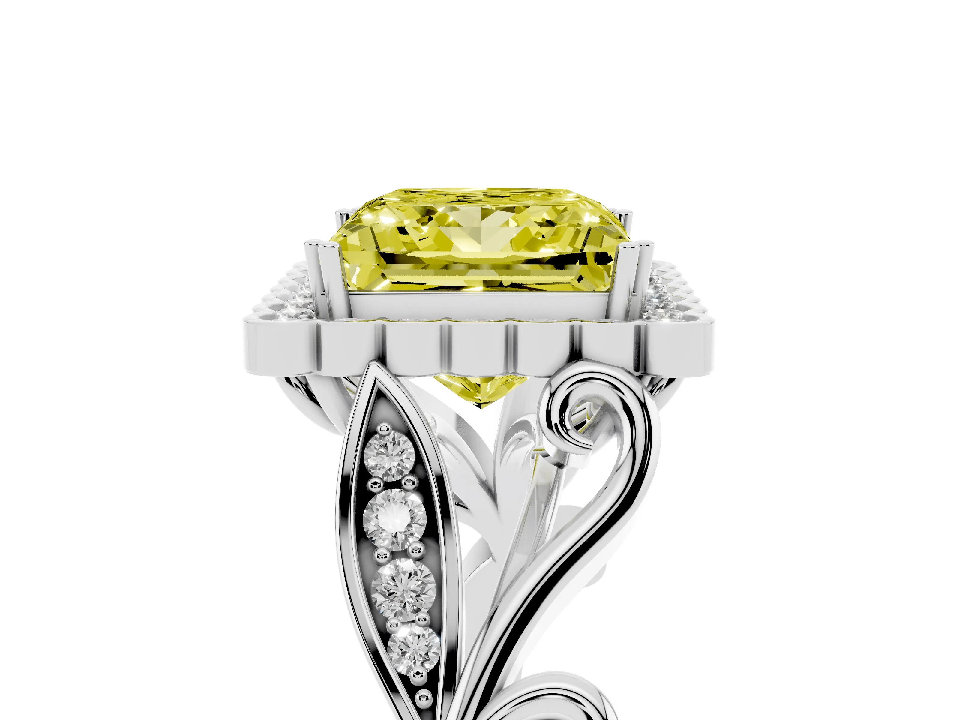 Fancy Yellow Princess Cut Diamond Halo Ring Set in White gold with Leaf Motif Split Shank and Prong Setting