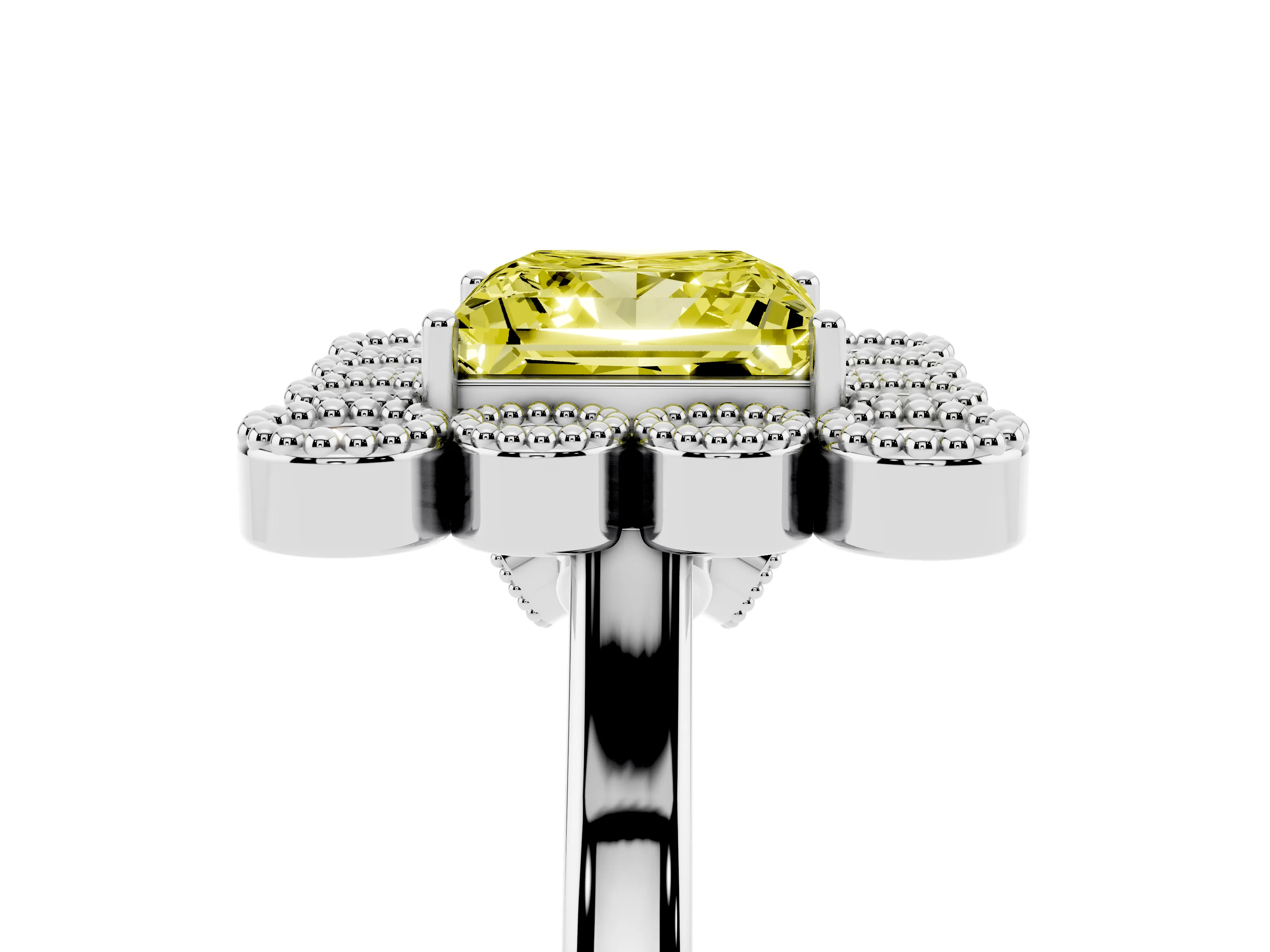 Fancy Yellow Princess Cut Diamond Cluster Halo Ring Set in White gold with Milgrain Bezel Accents and Plain Band