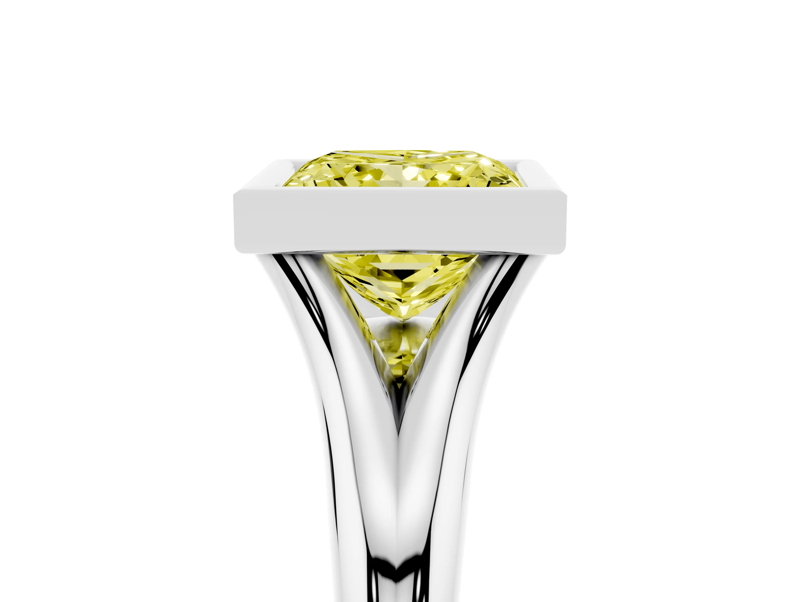 Fancy Yellow Bezel Set Princess Cut Diamond Solitaire Ring Set in Platinum with Smooth Band