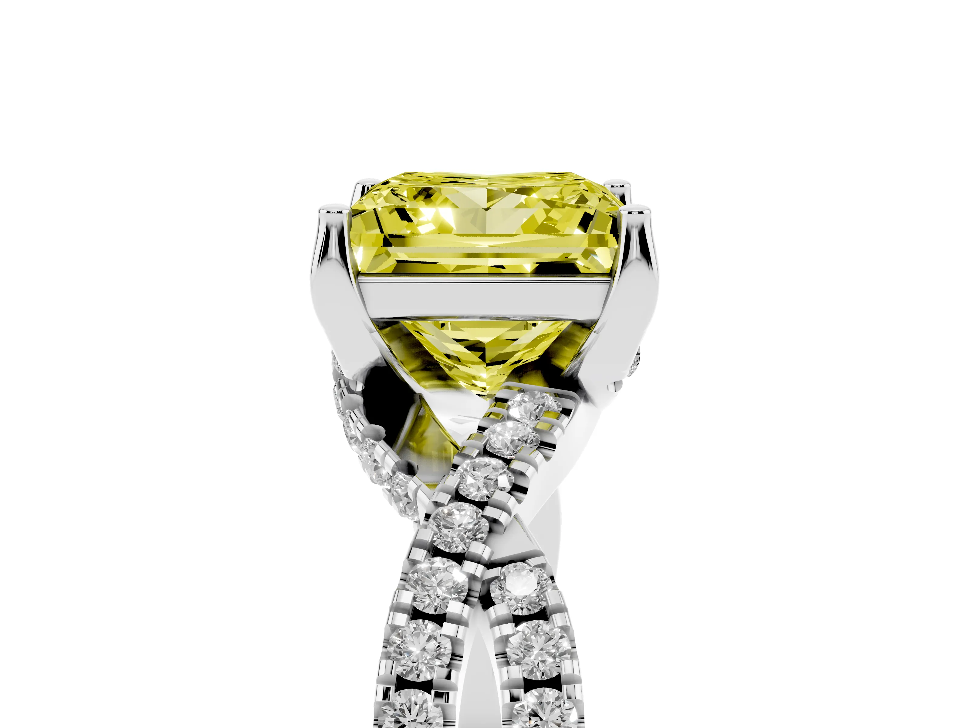 Fancy Yellow Princess Cut Diamond Twist Pavé Solitaire Engagement Ring Set in Silver with Prong Setting