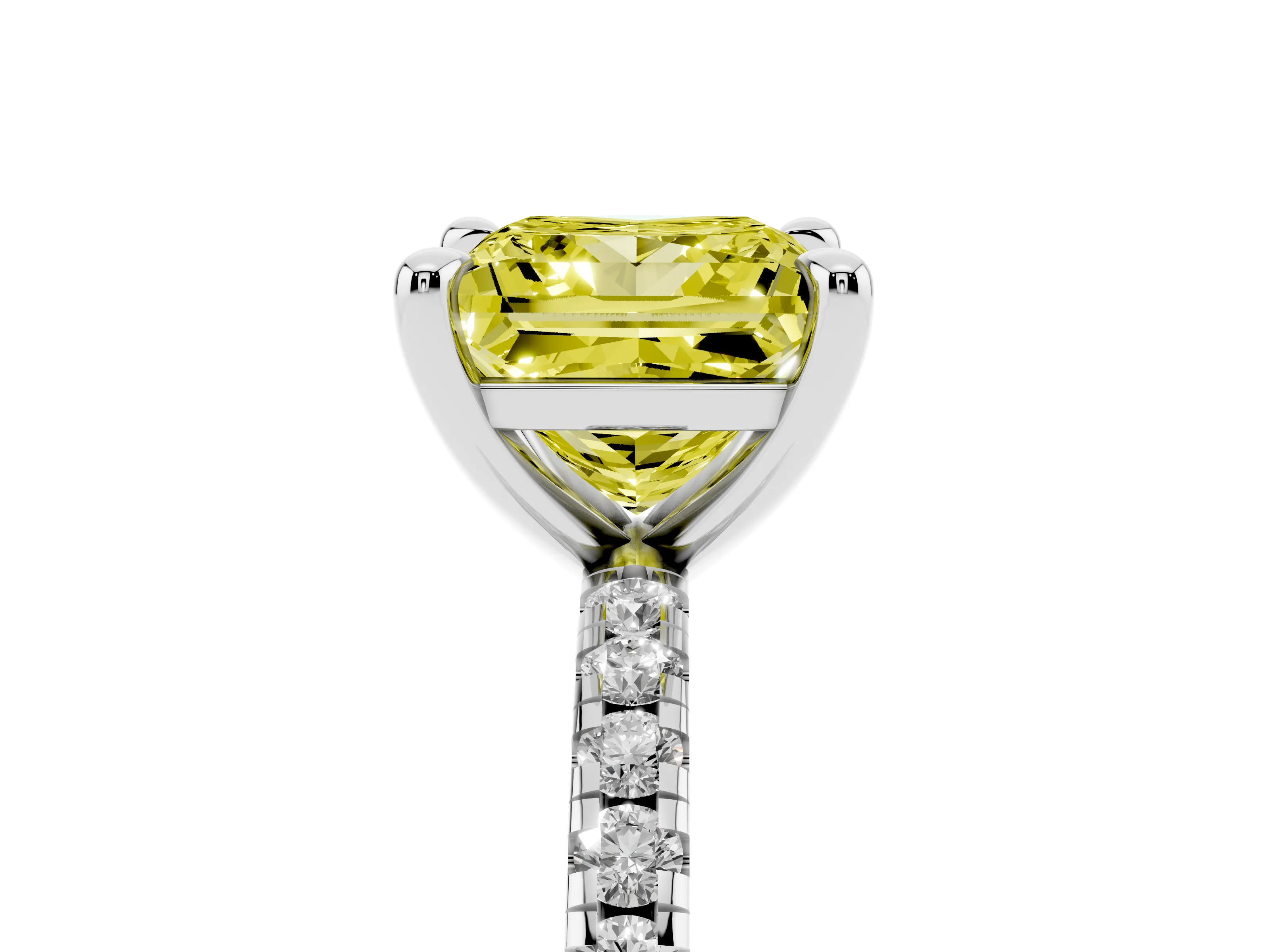 Fancy Yellow Princess Cut Diamond Brilliant Solitaire Ring Set in White gold with Pavé Band and Prong Setting